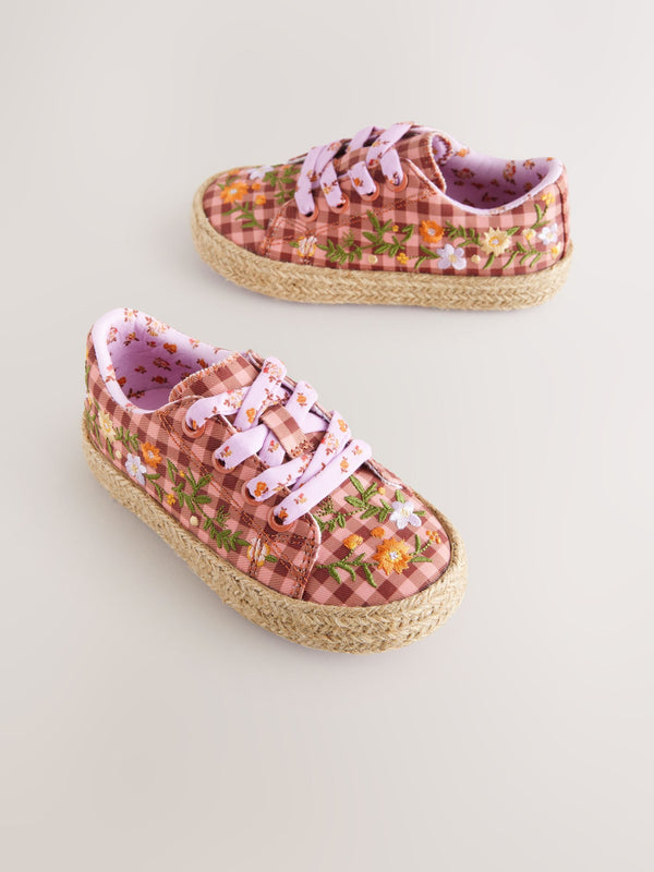 Multi Gingham Embroidered Lace-Up Trainers