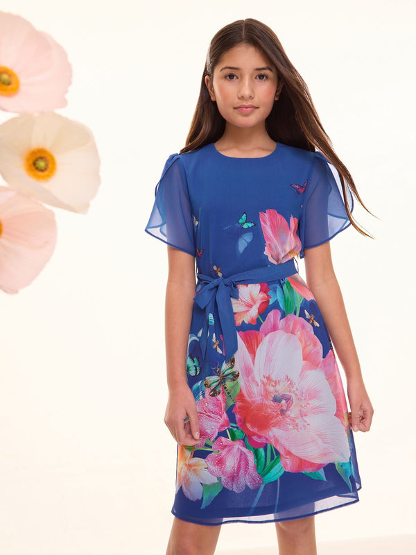 Cobalt Blue Floral Petal Sleeve Chiffon Dress (4-16yrs)