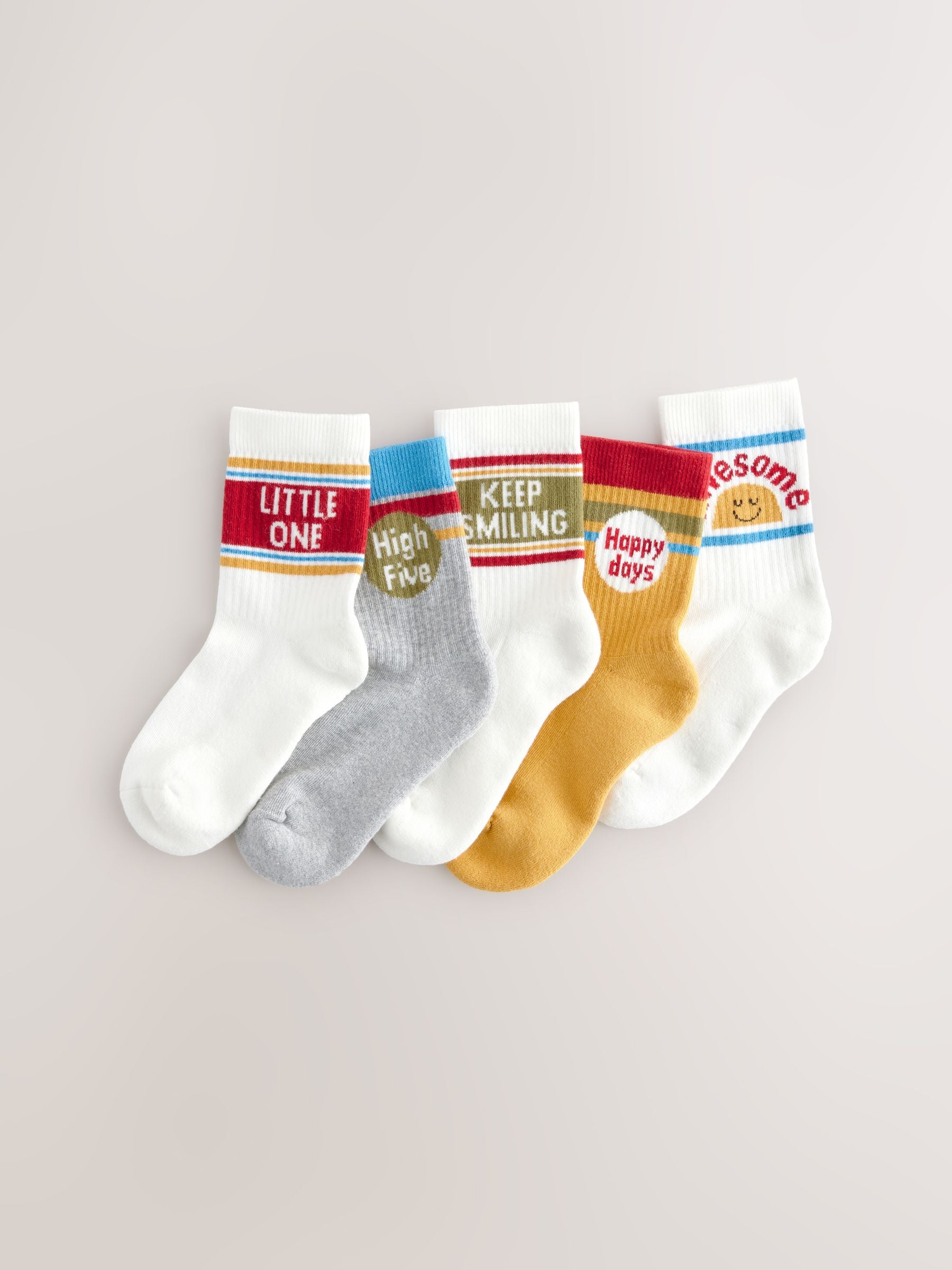 Ecru/Mustard/Red Retro Slogan Print Cotton Rich Socks 5 Pack