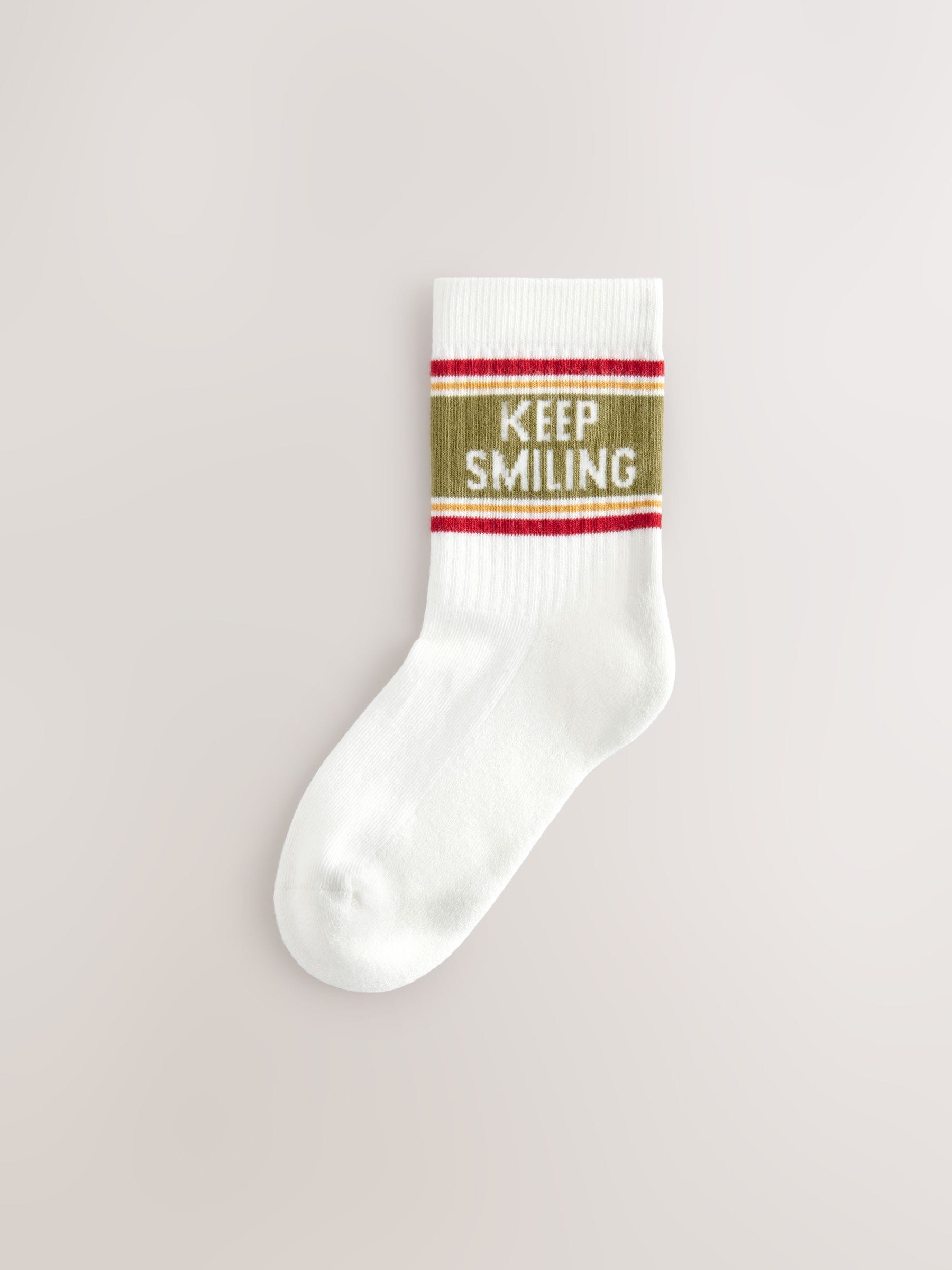 Ecru/Mustard/Red Retro Slogan Print Cotton Rich Socks 5 Pack