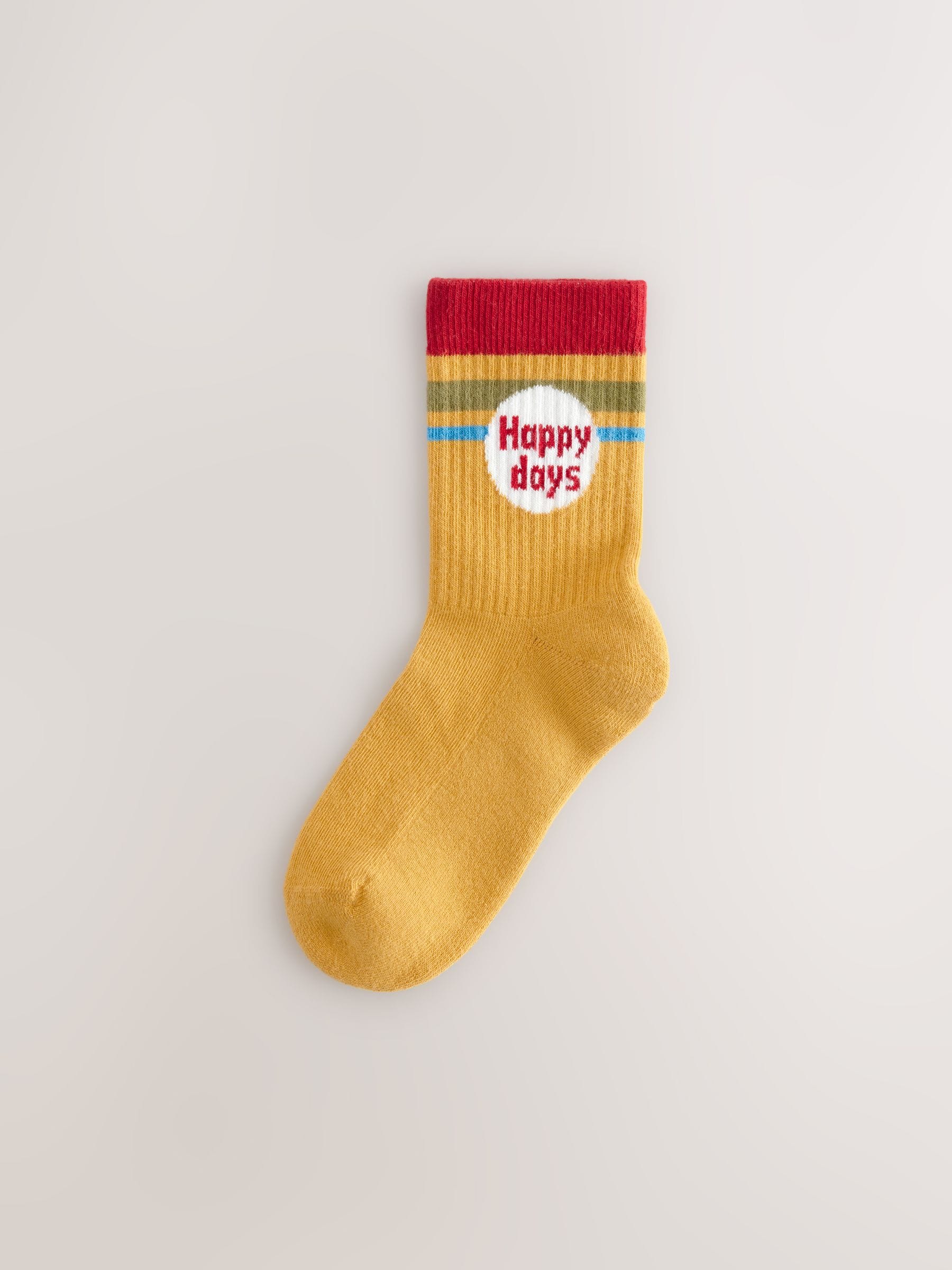 Ecru/Mustard/Red Retro Slogan Print Cotton Rich Socks 5 Pack