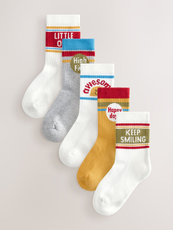 Ecru/Mustard/Red Retro Slogan Print Cotton Rich Socks 5 Pack