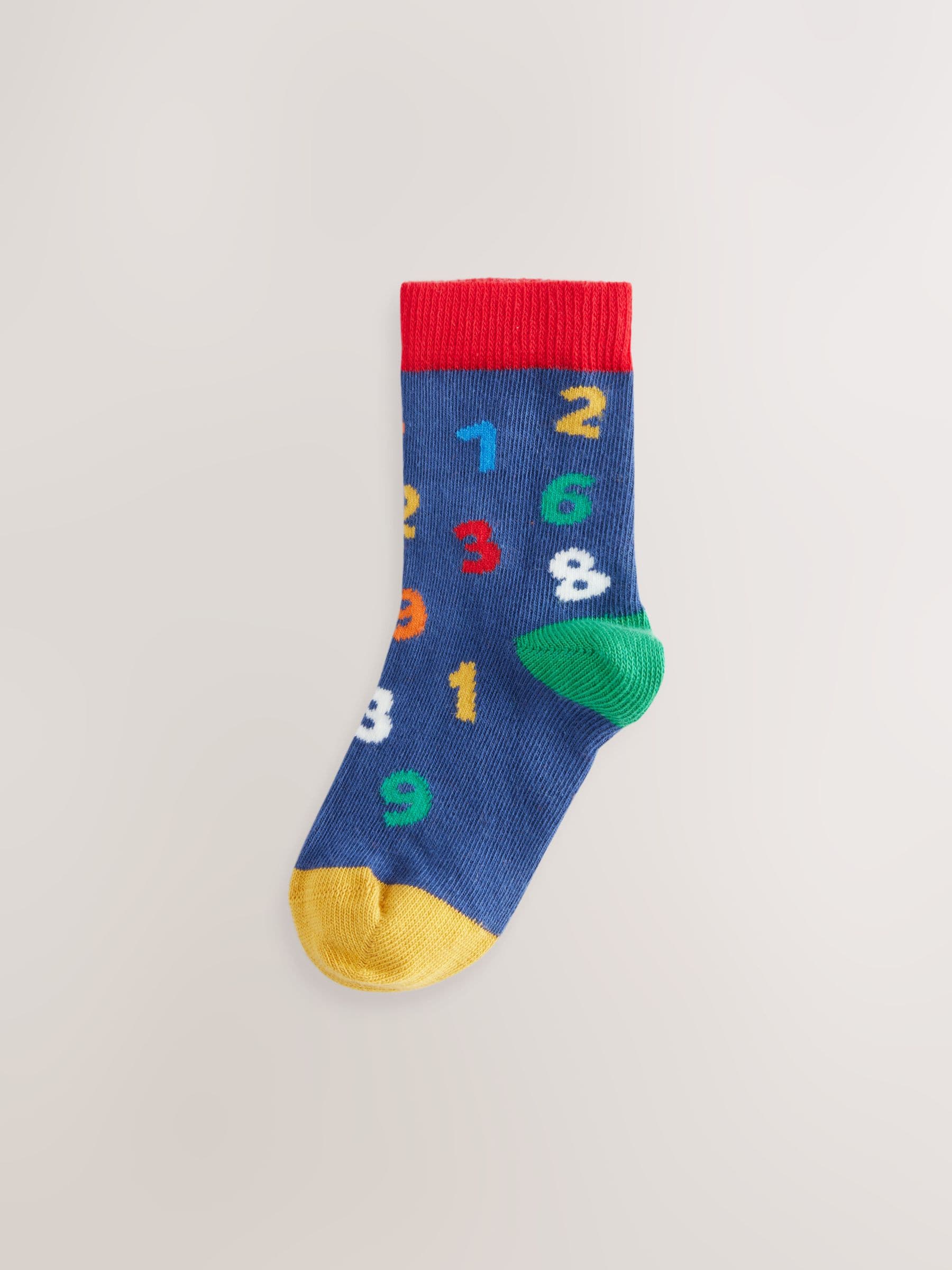 Blue/Ecru/Red Nursery Alphabet Print Cotton Rich Socks 5 Pack