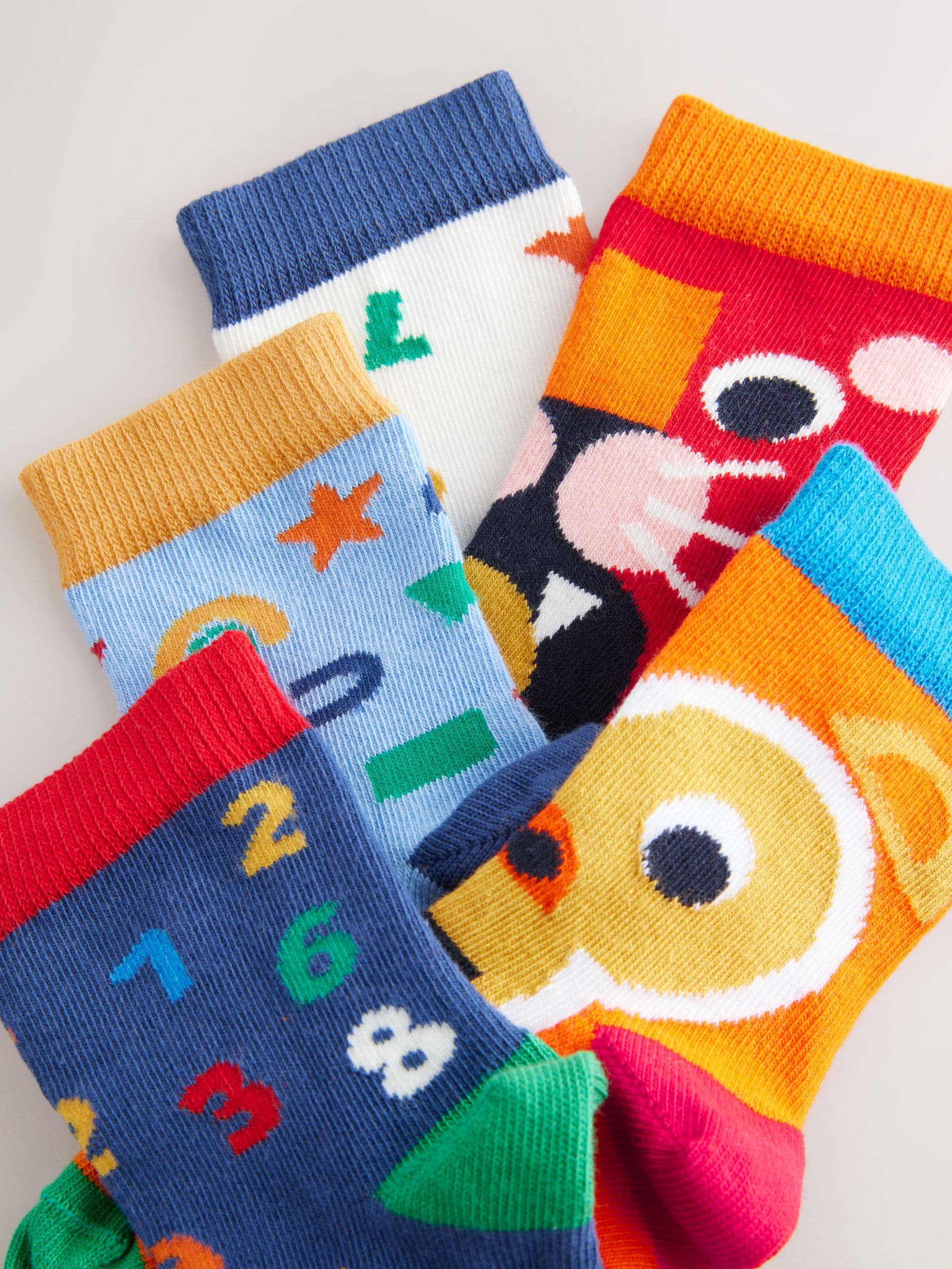 Blue/Ecru/Red Nursery Alphabet Print Cotton Rich Socks 5 Pack