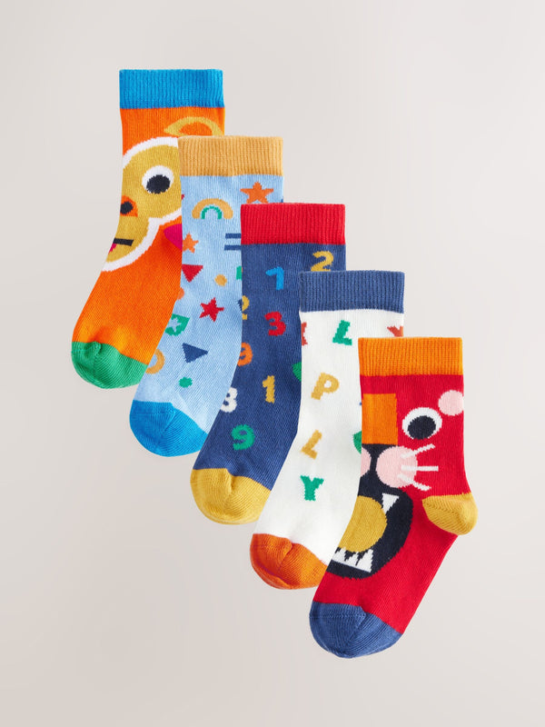 Blue/Ecru/Red Nursery Alphabet Print Cotton Rich Socks 5 Pack