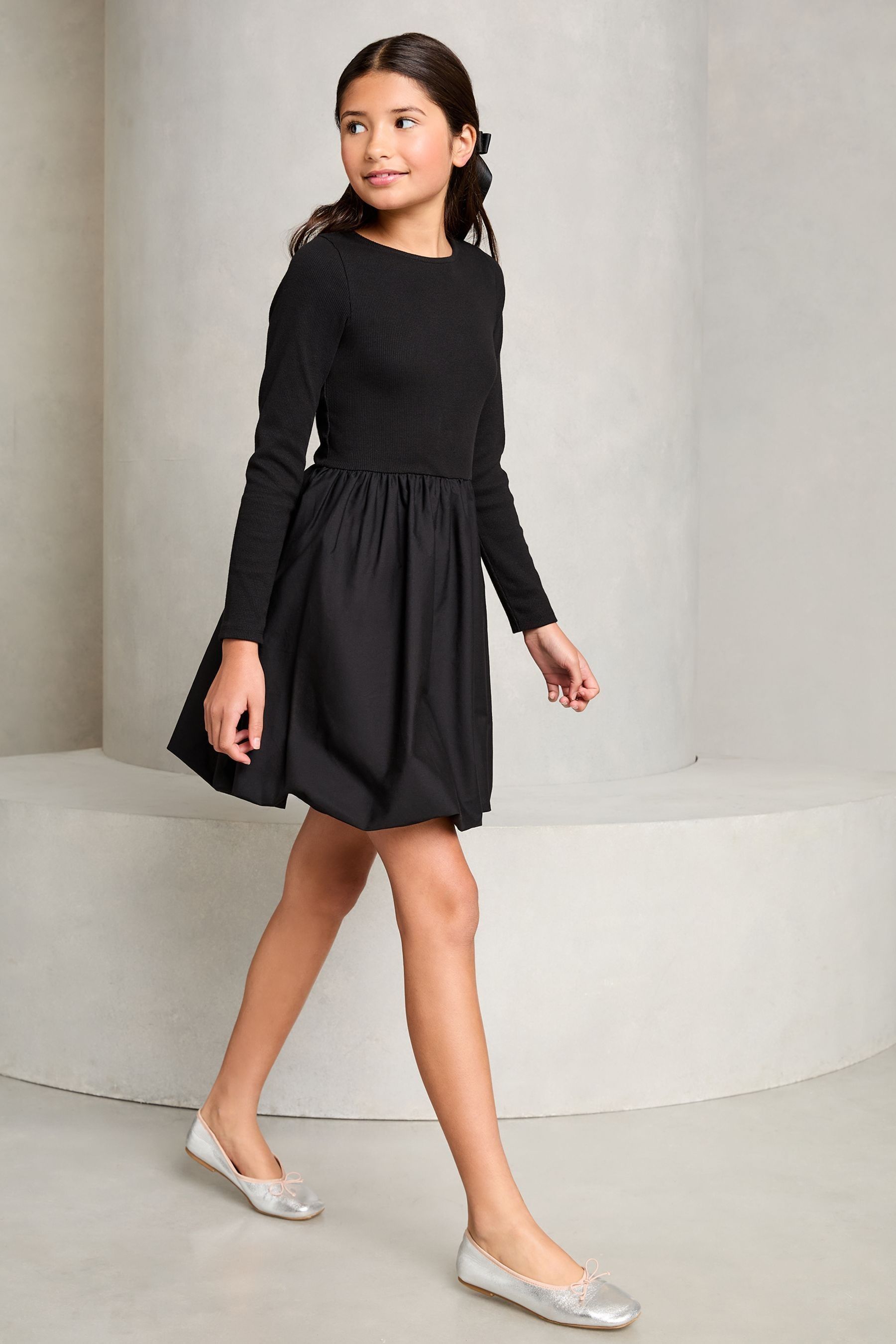 Black Bubble Hem Long Sleeve Dress (5-16yrs)