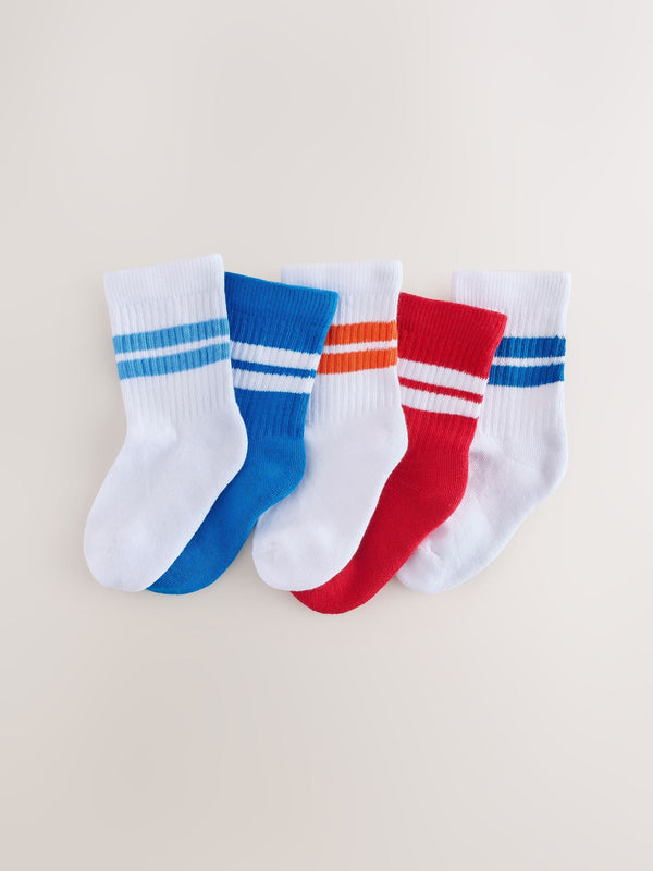 Red/Blue/Orange Cushioned Footbed Cotton Rich Ribbed Tipped Socks 5 Pack