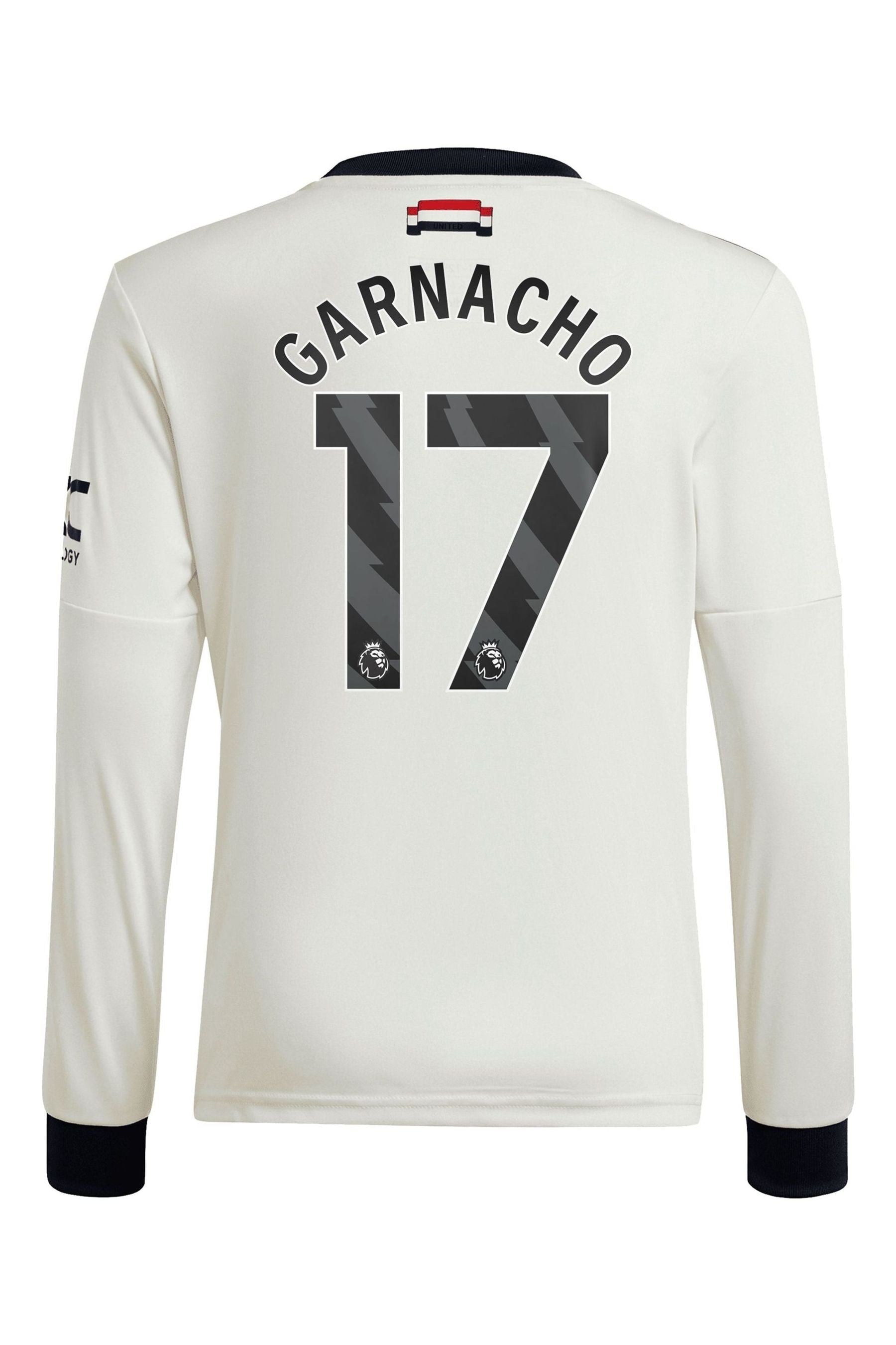 adidas White Kids Manchester United EPL Third Long Sleeve Shirt 2024-25 with Garnacho 17 Printing