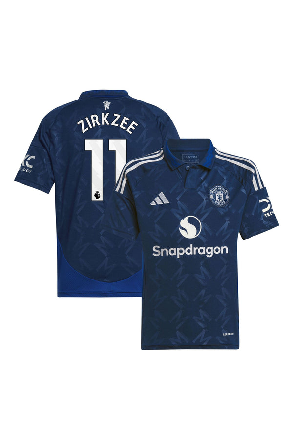 adidas Blue Kids Manchester United EPL Away Shirt 2024-25 with Zirkzee 11 Printing