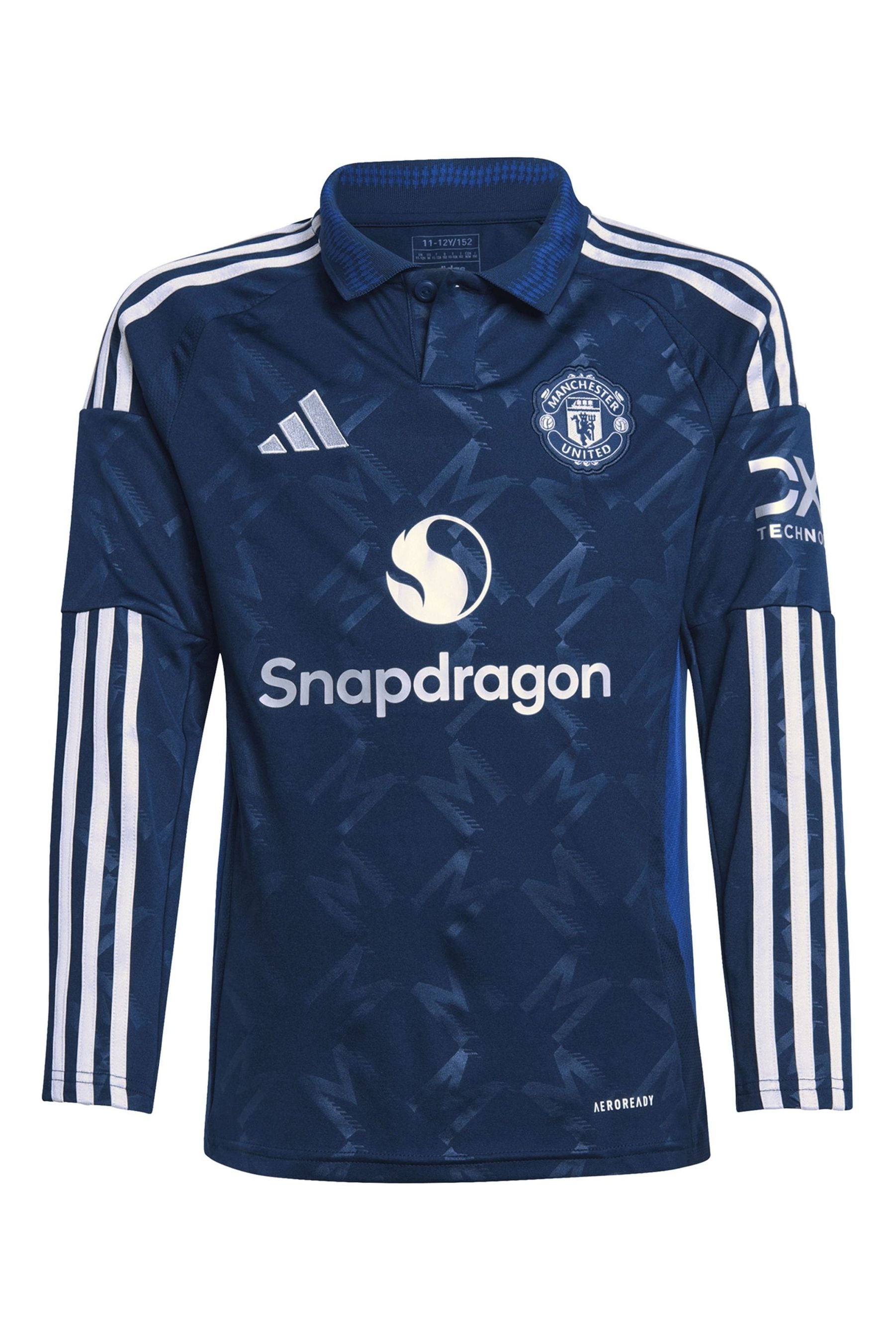 adidas Blue Kids Manchester United EPL Away Shirt 2024-25 Long Sleeve with Zirkzee 11 Printing