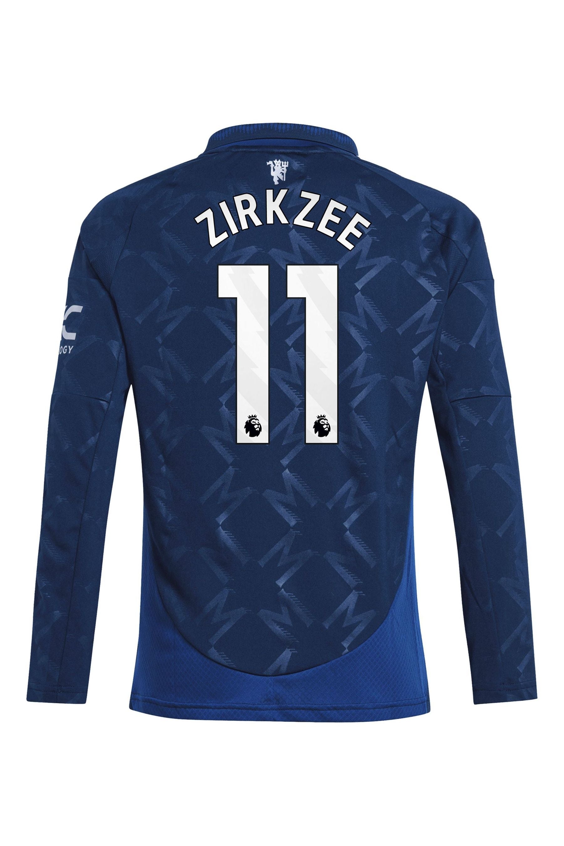 adidas Blue Kids Manchester United EPL Away Shirt 2024-25 Long Sleeve with Zirkzee 11 Printing