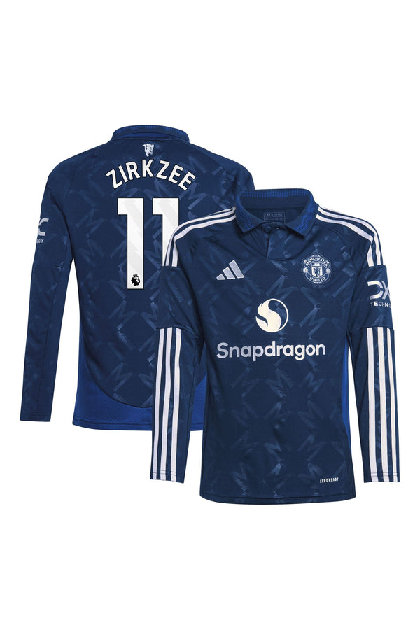 adidas Blue Kids Manchester United EPL Away Shirt 2024-25 Long Sleeve with Zirkzee 11 Printing