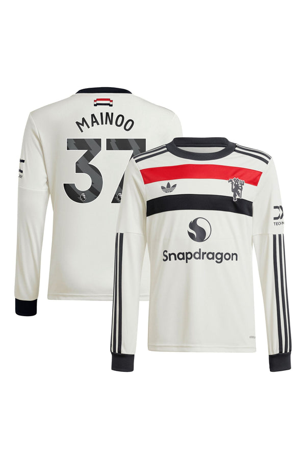 adidas White Kids Manchester United EPL Third Shirt 2024-25 Long Sleeve with Mainoo 37 Printing