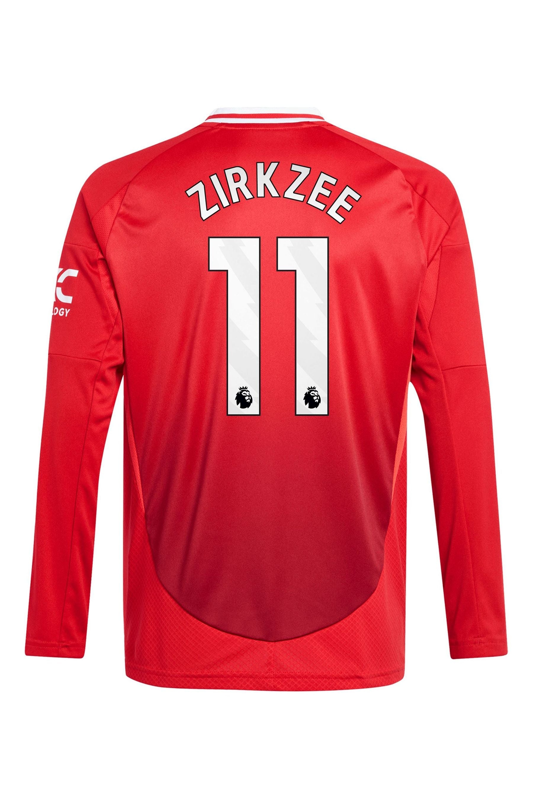 adidas Red Kids Manchester United EPL Home Shirt 2024-25 Long Sleeves with Zirkzee 11 printing