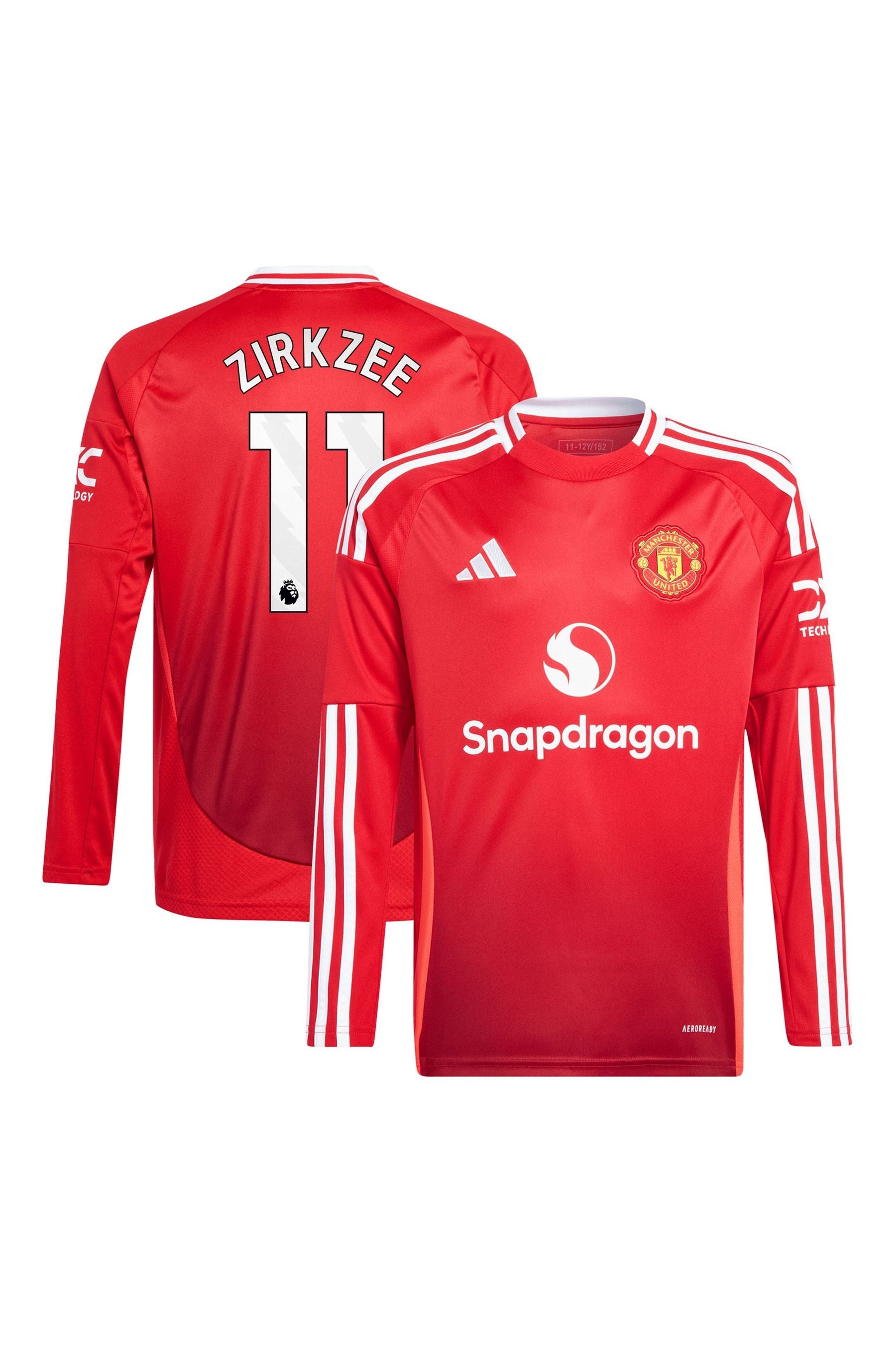 adidas Red Kids Manchester United EPL Home Shirt 2024-25 Long Sleeves with Zirkzee 11 printing