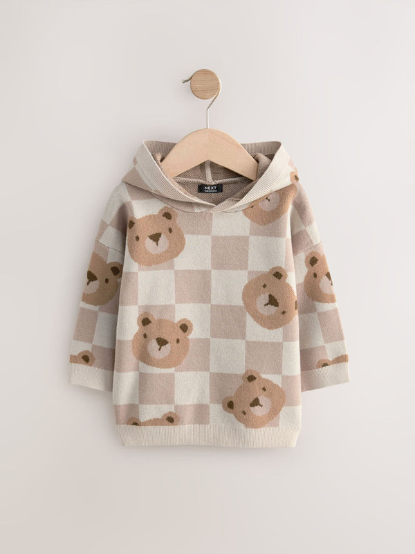 Neutral Checkerboard Bear Knitted Hoodie (3mths-7yrs)