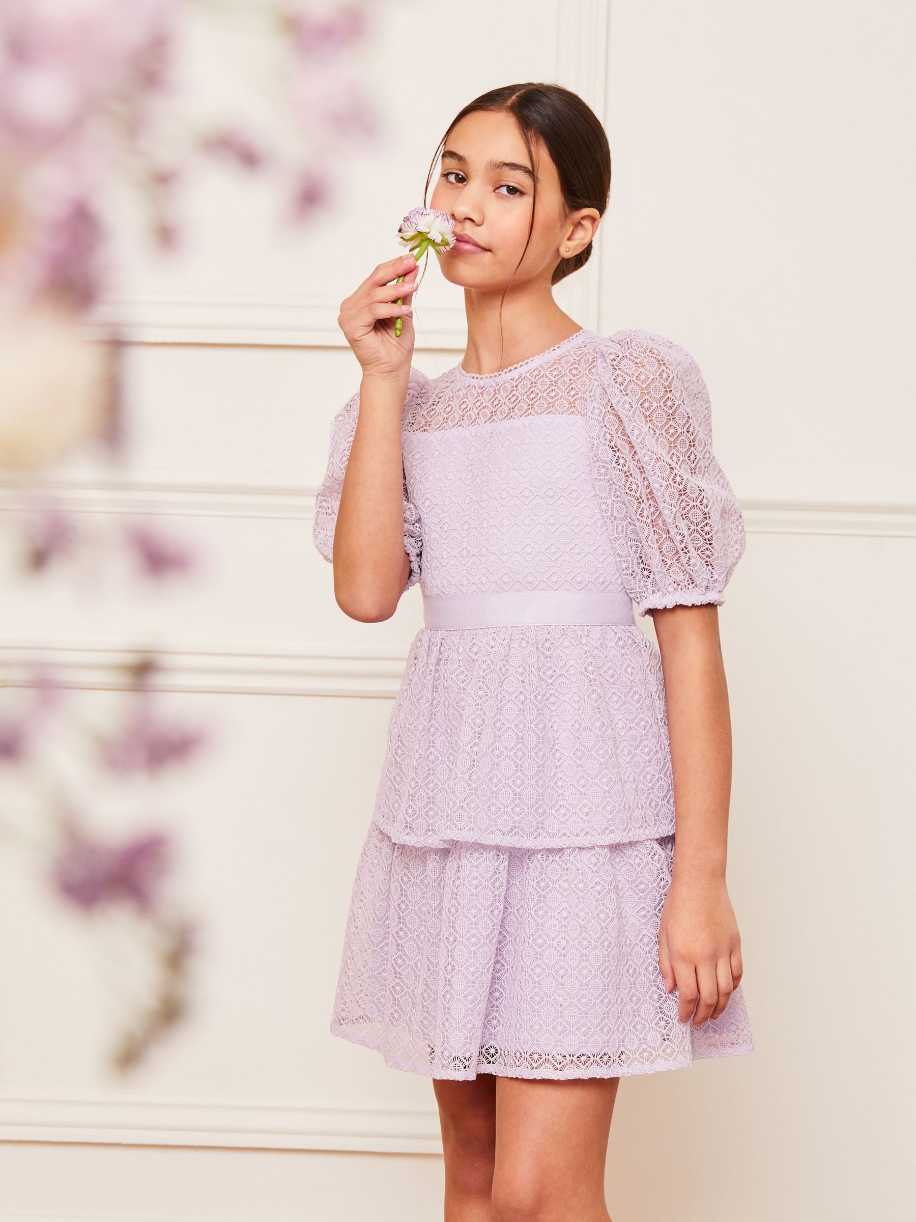 Lipsy Lilac Purple Lace Puff Sleeve Occasion Dress (2-16yrs)