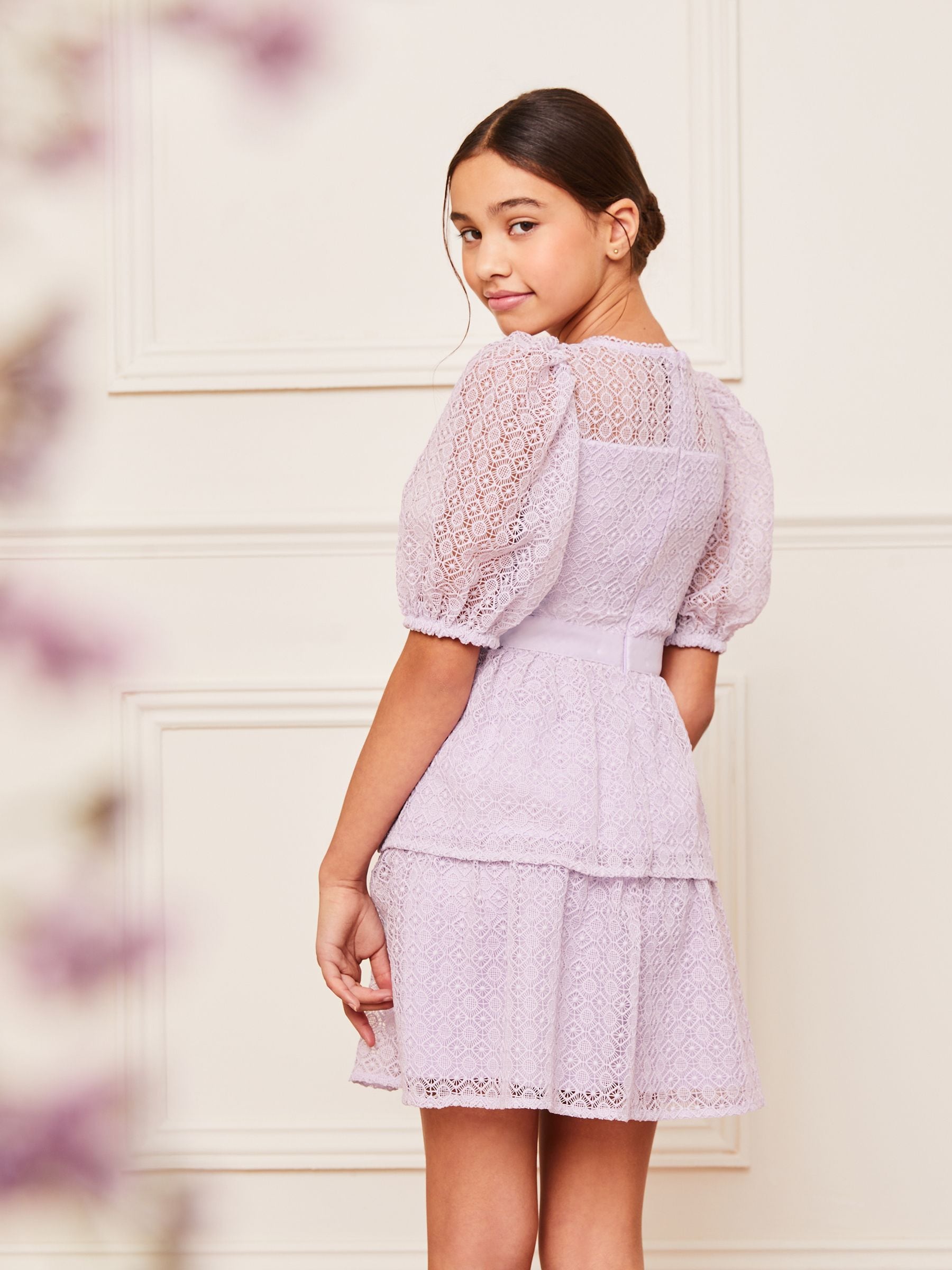 Lipsy Lilac Purple Lace Puff Sleeve Occasion Dress (2-16yrs)