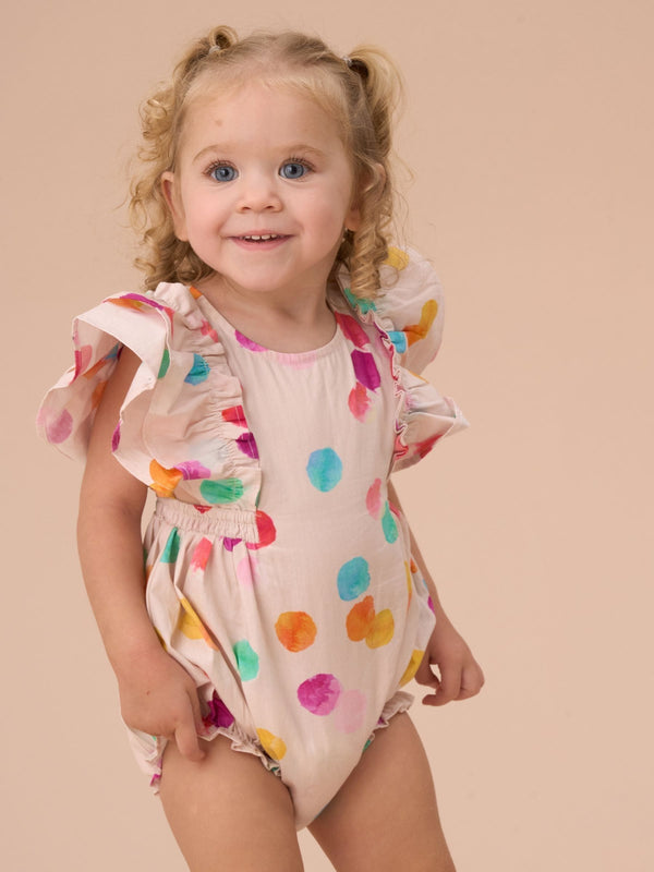 Angel & Rocket White Francessca Multi Rainbow Spot 100% Cotton Romper