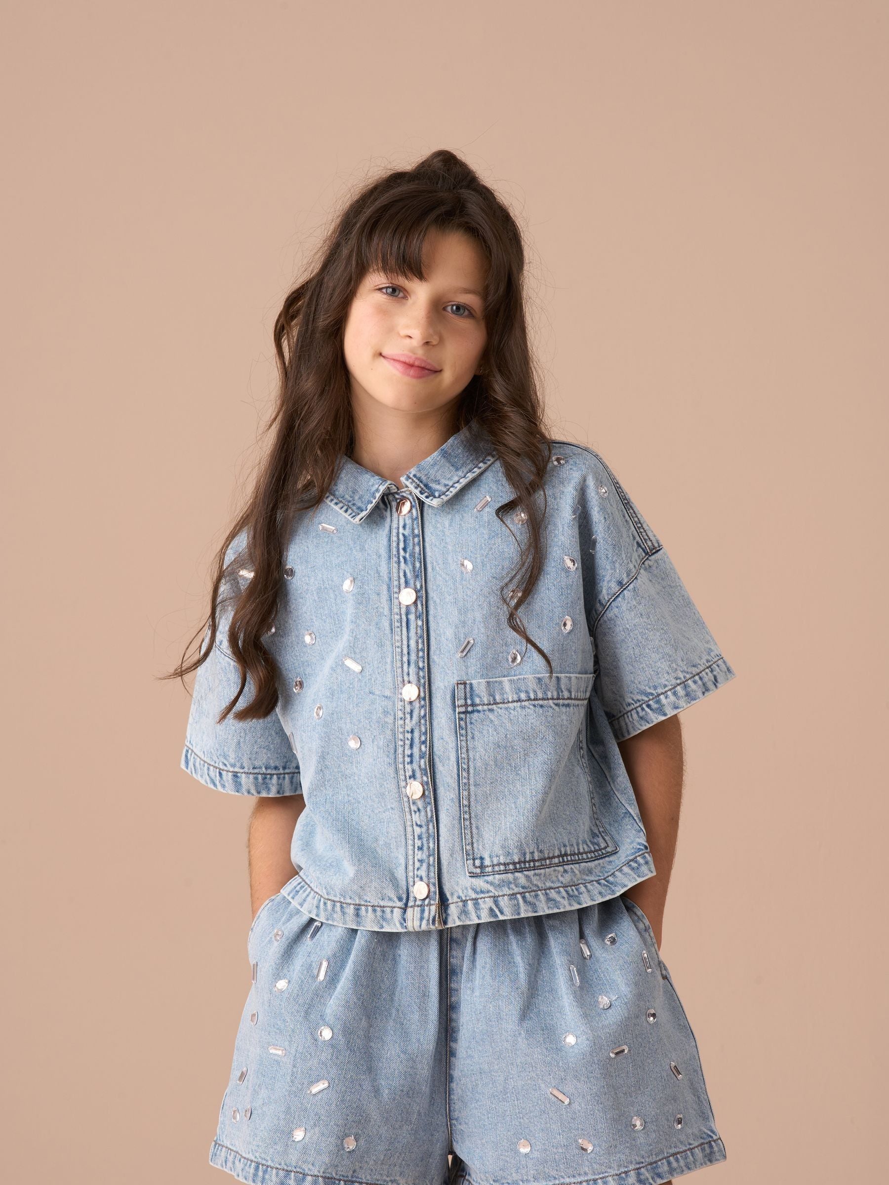 Angel & Rocket Blue Zeta Diamonte Short Sleeve 100% Cotton Denim Shirt