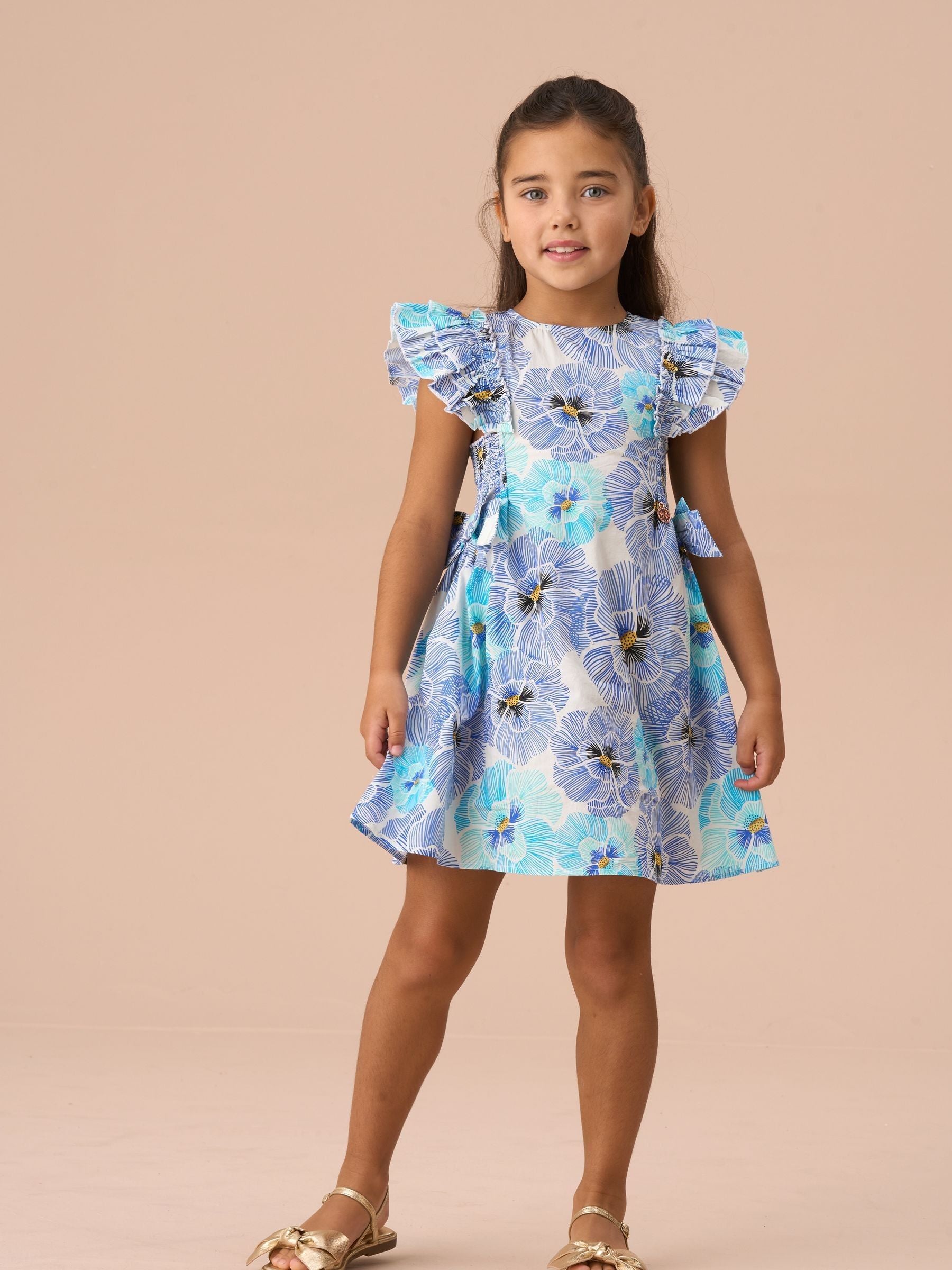 Angel & Rocket Blue Alessandra Side Bow Shirred Panel 100% Cotton Dress