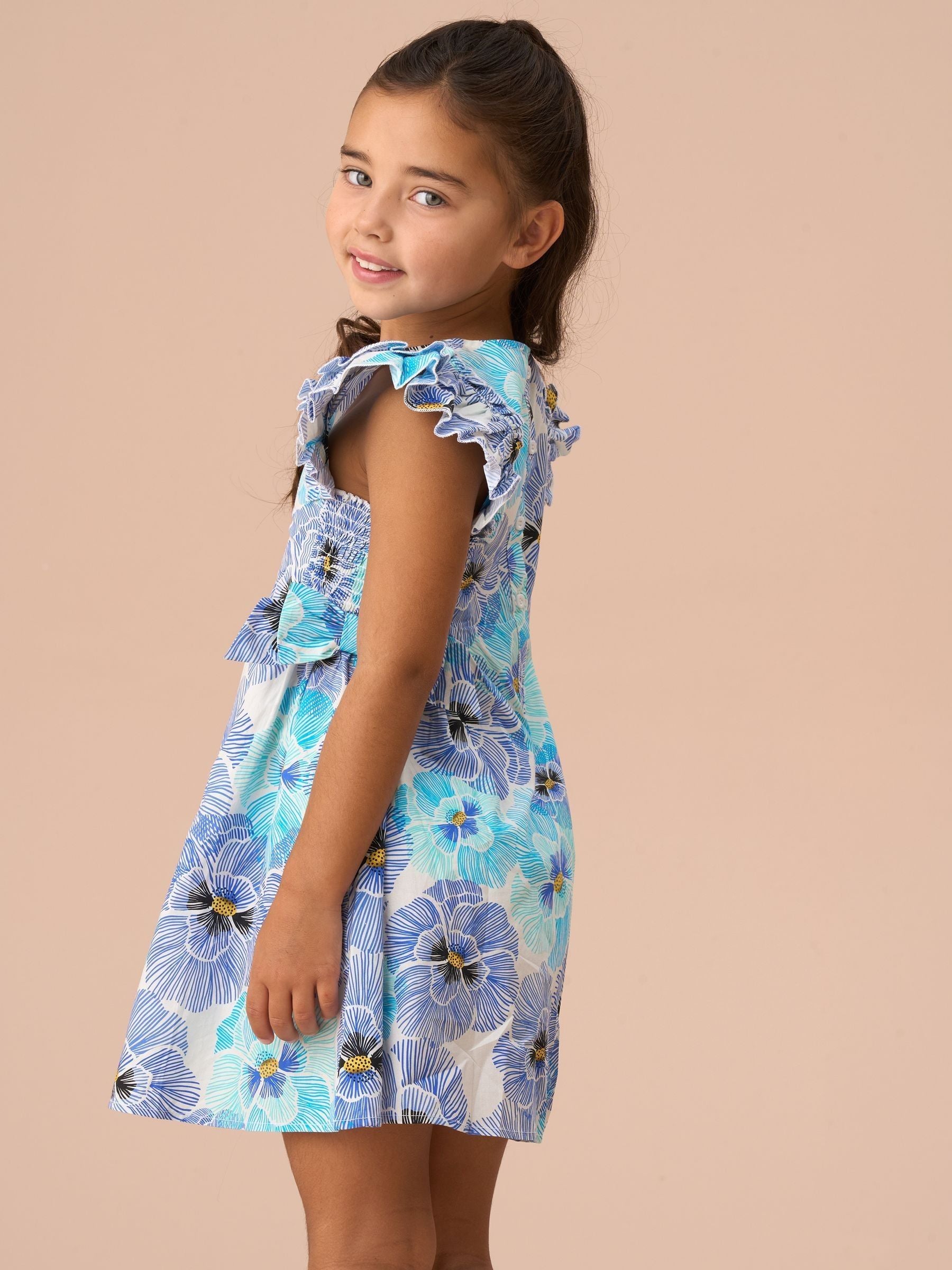 Angel & Rocket Blue Alessandra Side Bow Shirred Panel 100% Cotton Dress