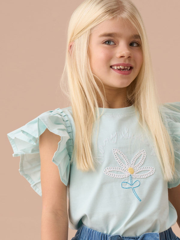 Angel & Rocket Blue Daisy Pleat Sleeve 100% Cotton Top