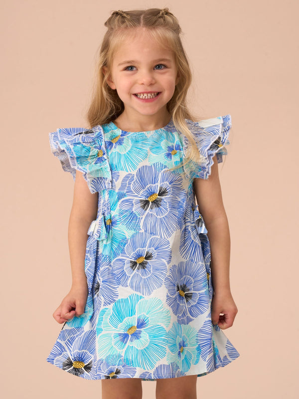 Angel & Rocket Blue Alessandra Pansy Print Tie Side 100% Cotton Dress And Bloomer Set