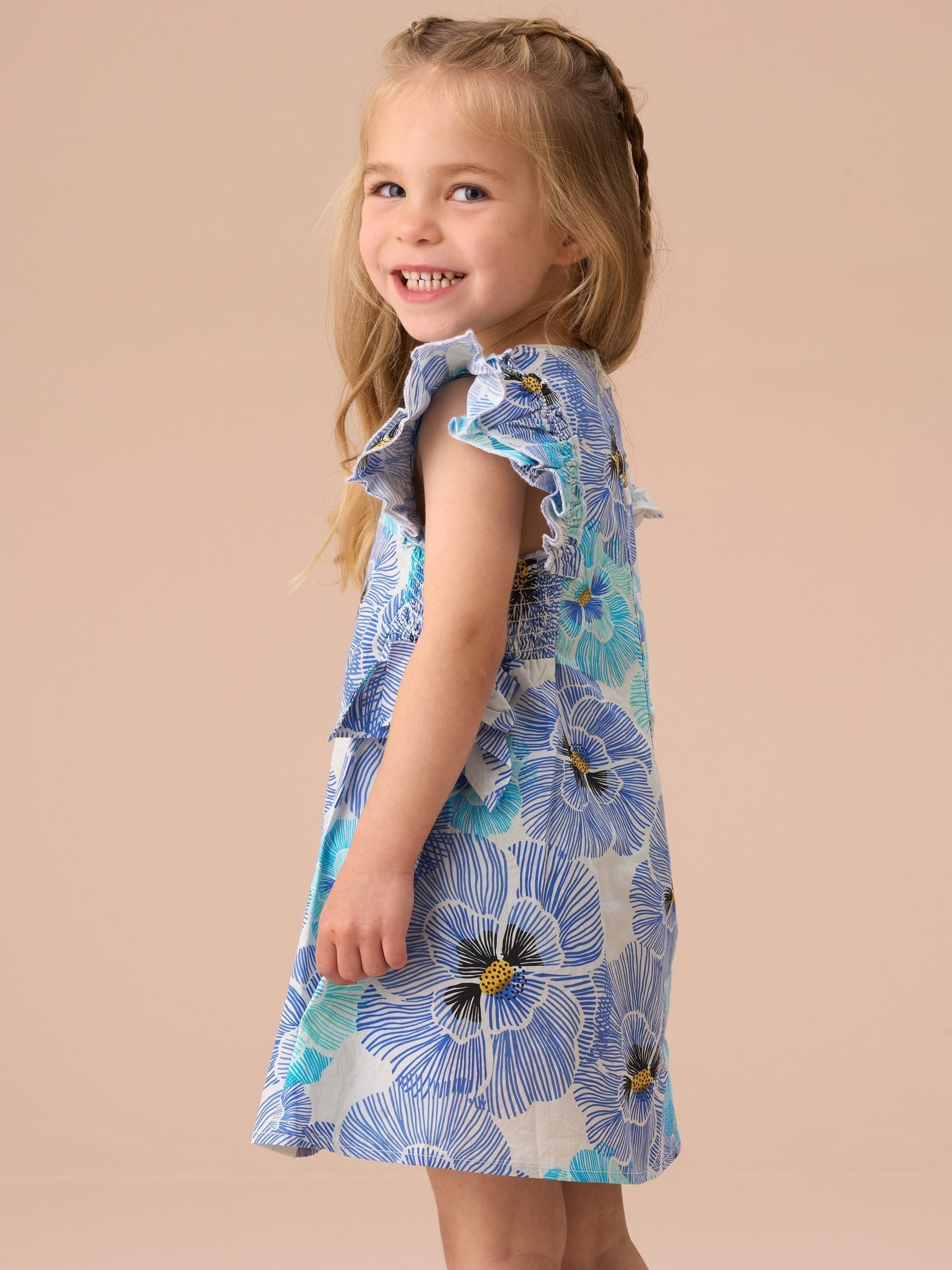 Angel & Rocket Blue Alessandra Pansy Print Tie Side 100% Cotton Dress And Bloomer Set