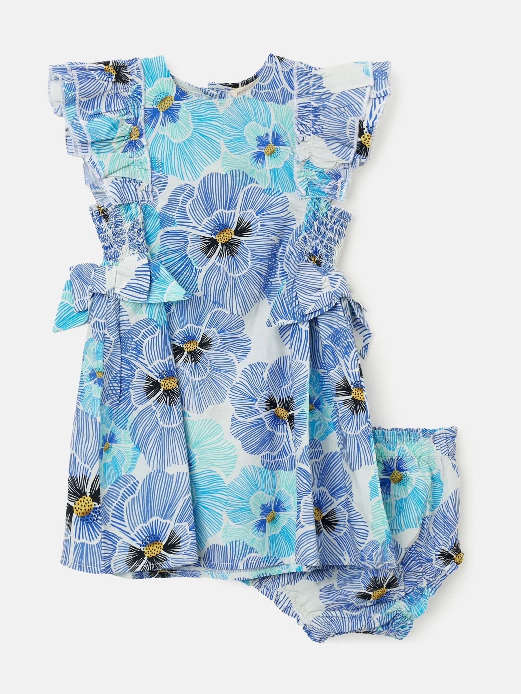 Angel & Rocket Blue Alessandra Pansy Print Tie Side 100% Cotton Dress And Bloomer Set