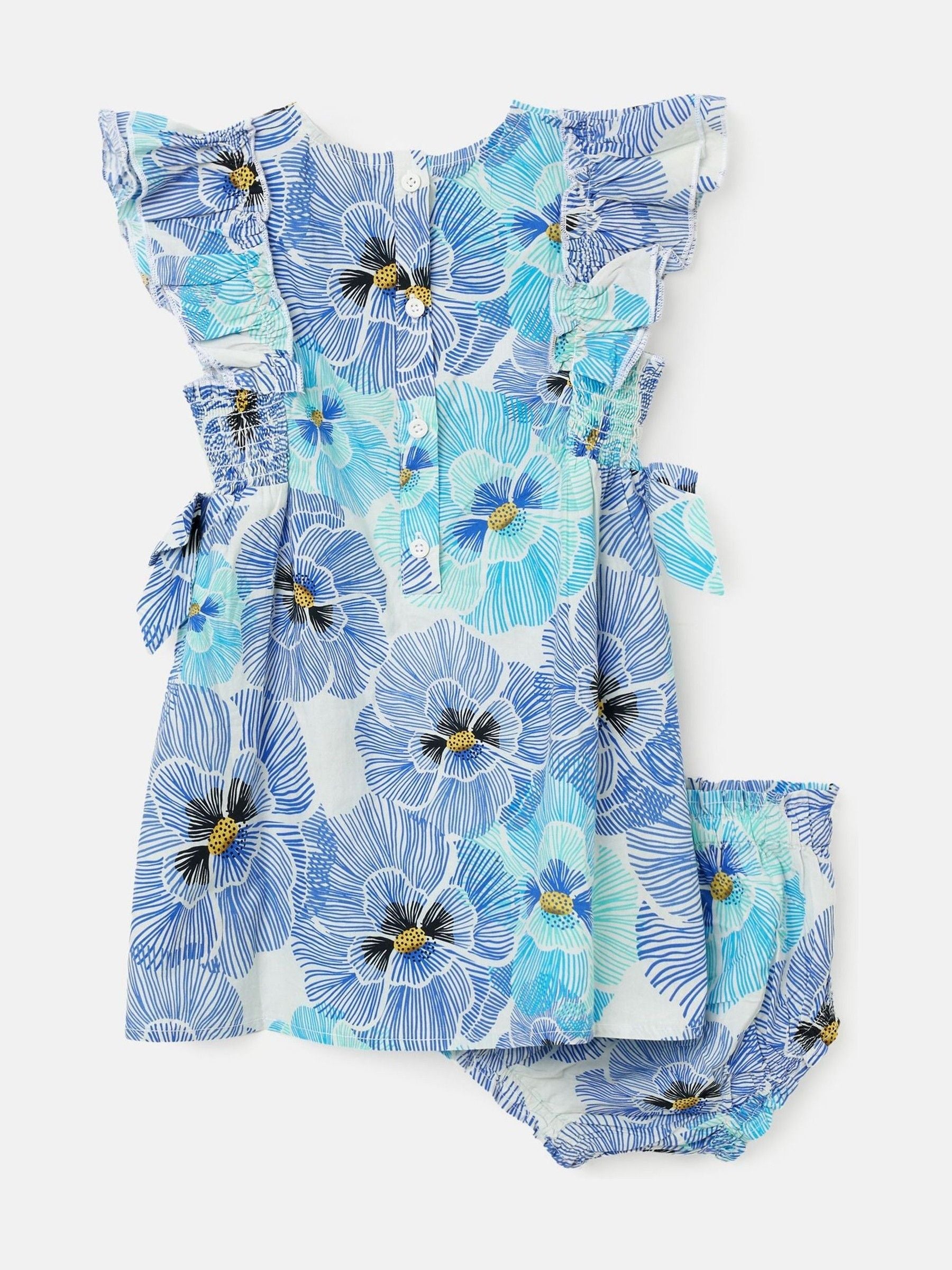 Angel & Rocket Blue Alessandra Pansy Print Tie Side 100% Cotton Dress And Bloomer Set