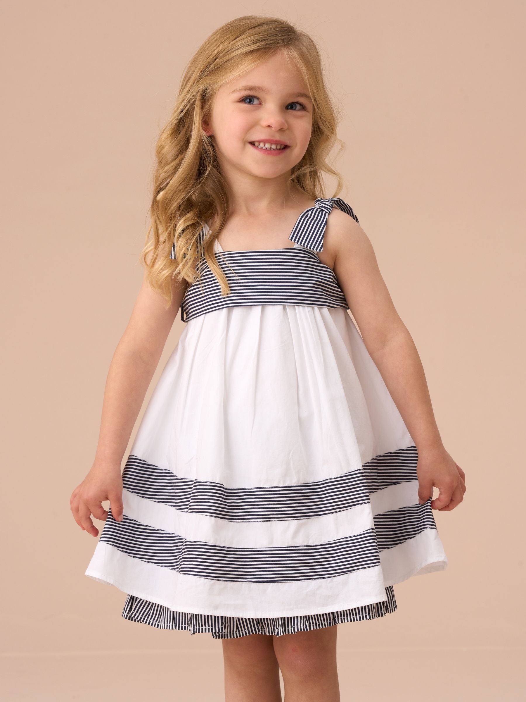 Angel & Rocket White Avery Stripe Panel 100% Cotton Dress With Bloomer Set