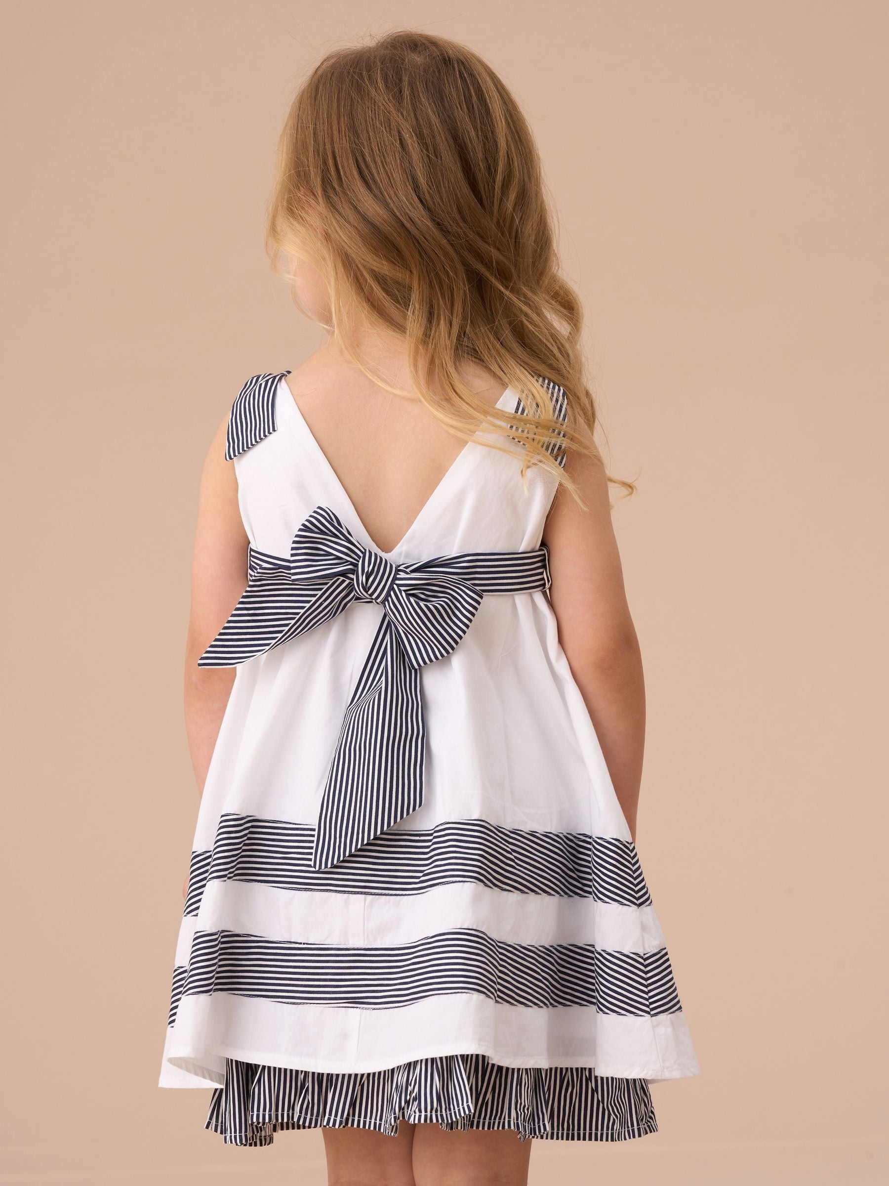 Angel & Rocket White Avery Stripe Panel 100% Cotton Dress With Bloomer Set