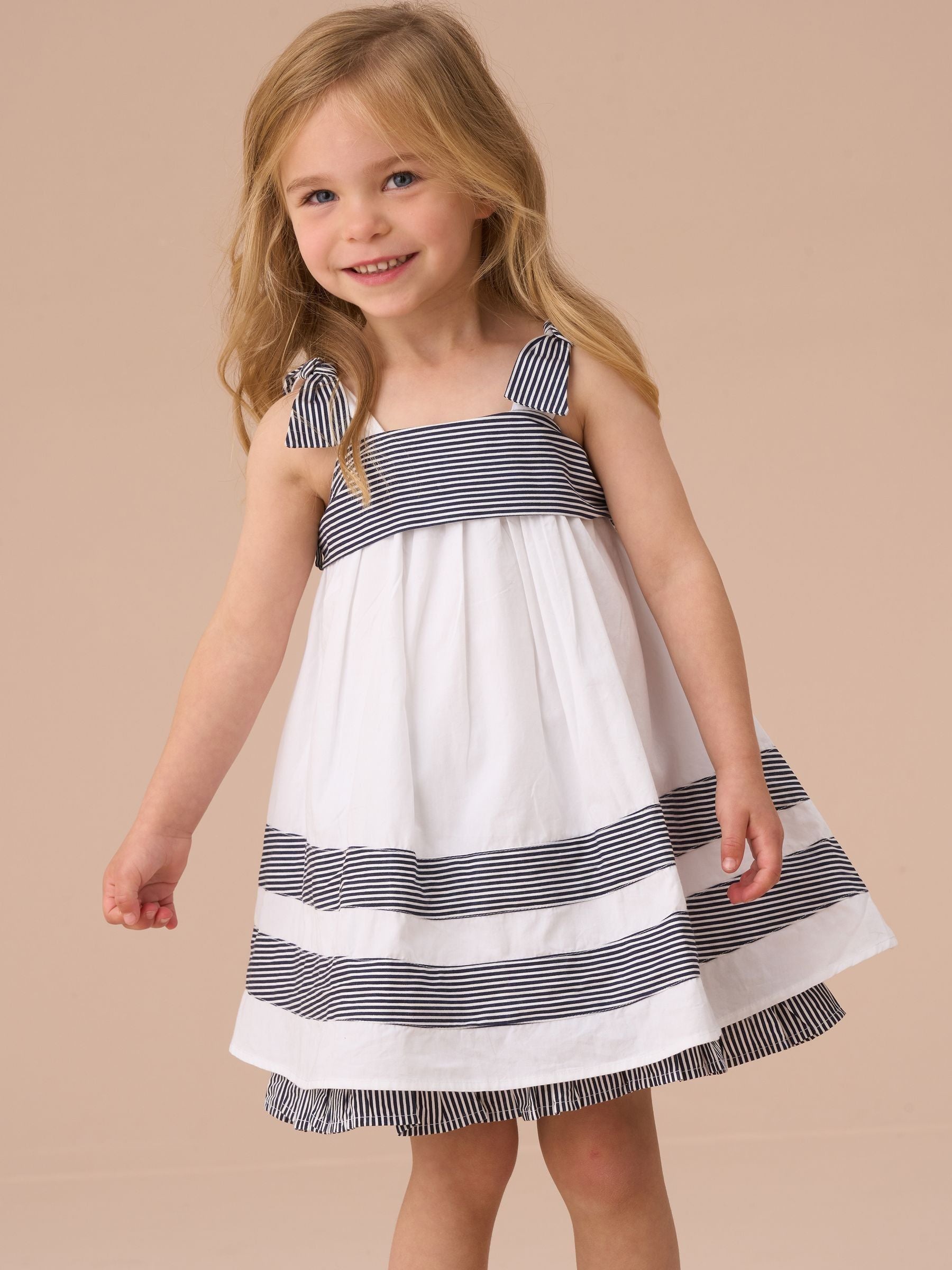 Angel & Rocket White Avery Stripe Panel 100% Cotton Dress With Bloomer Set