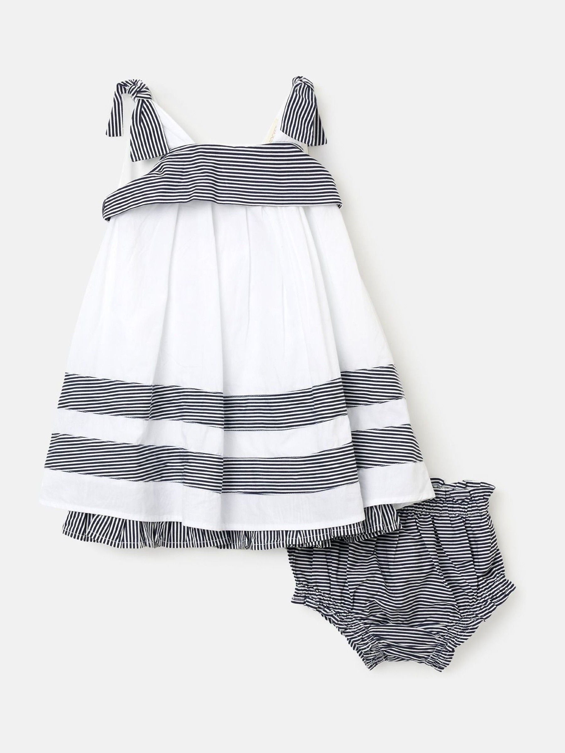 Angel & Rocket White Avery Stripe Panel 100% Cotton Dress With Bloomer Set