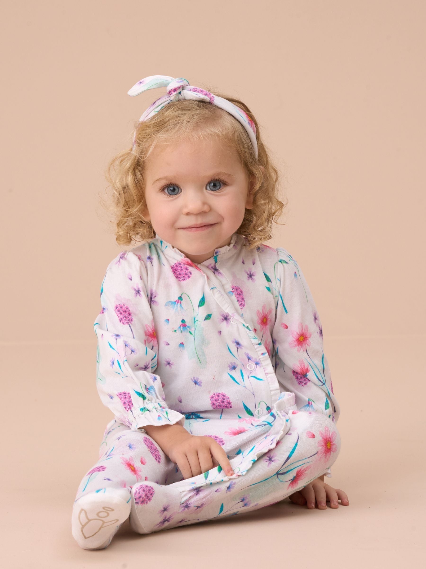 Angel & Rocket White Fleur Water Colour Print Frill Babygrow & Headband Set