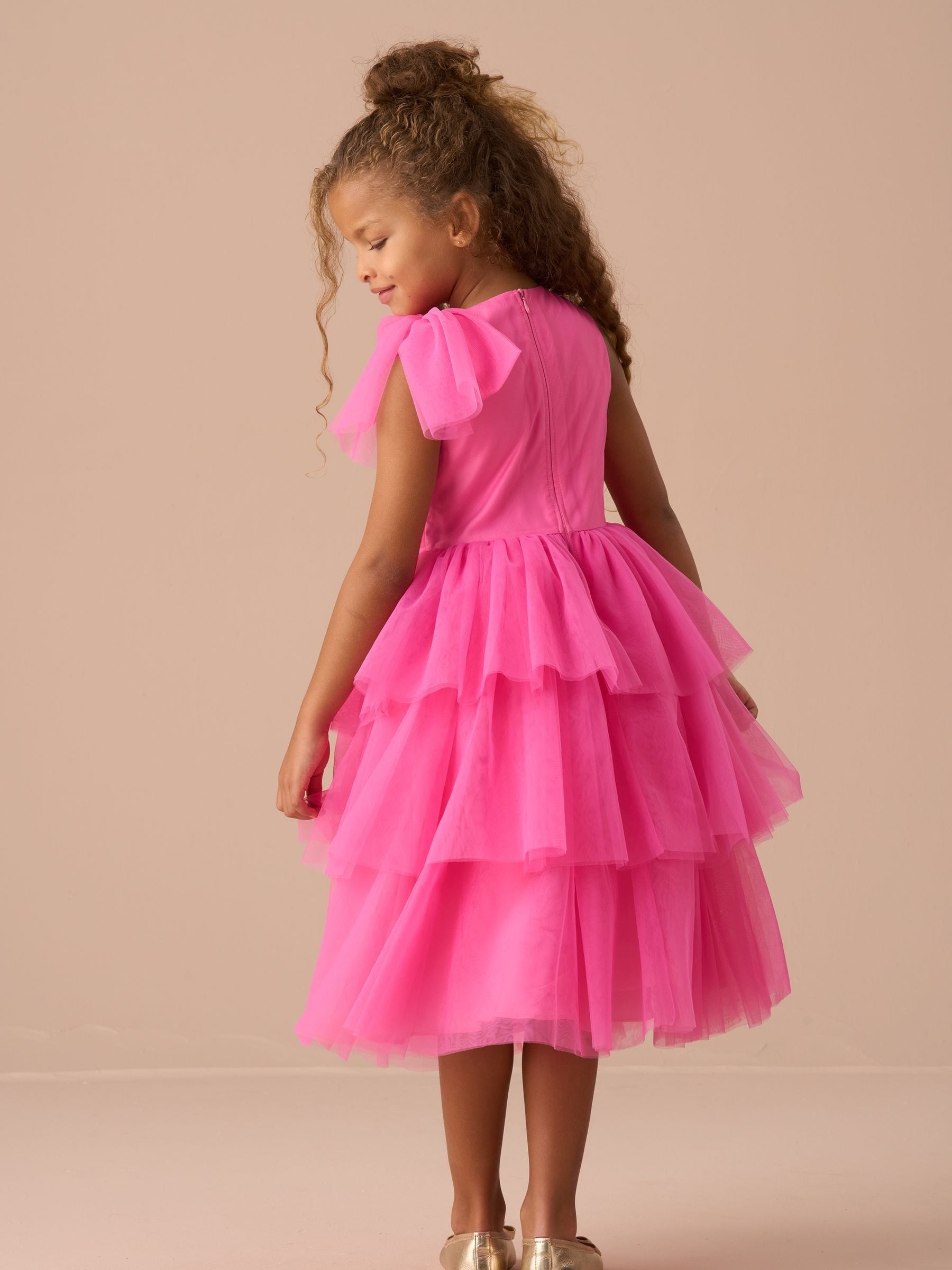 Angel & Rocket Pink Sienna Bow Tiered Mesh Dress