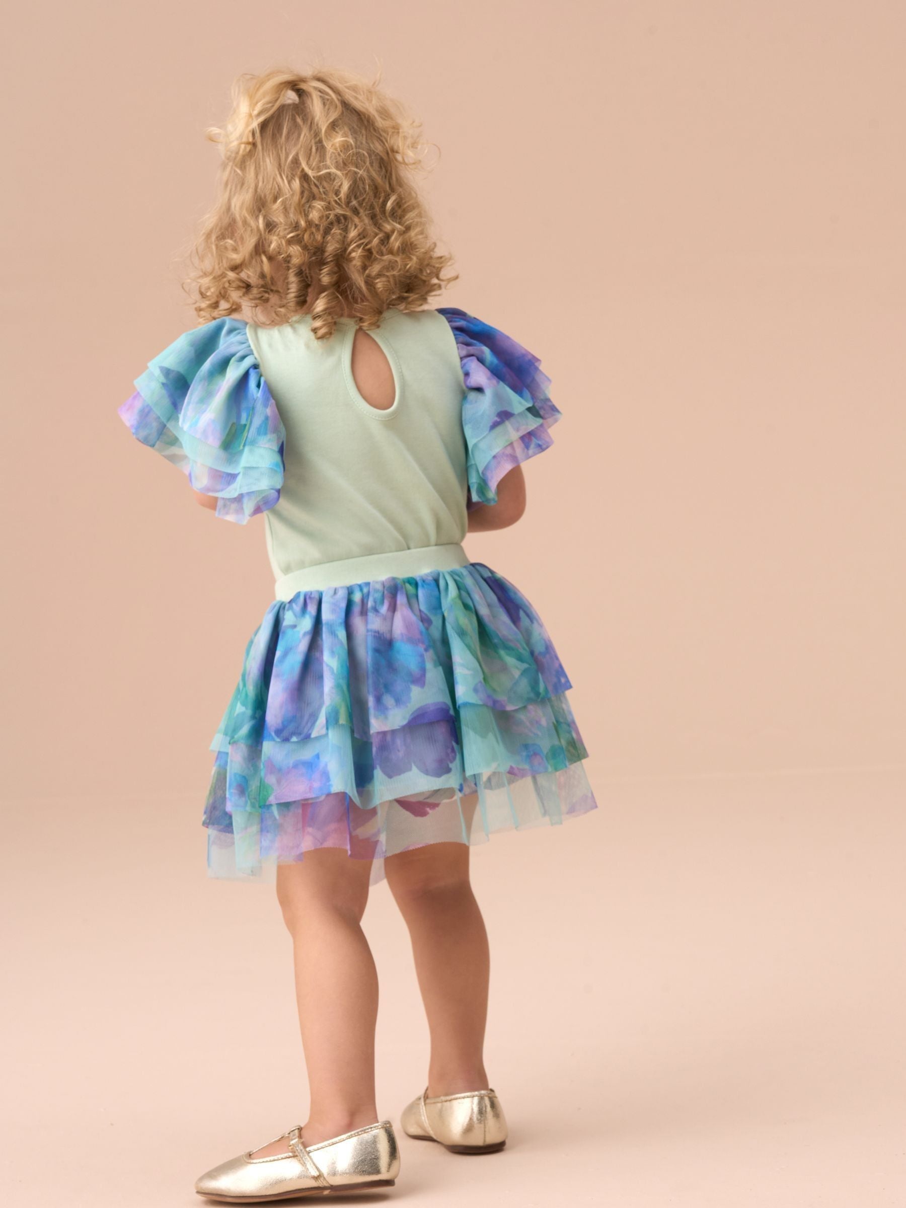 Angel & Rocket Green Lois Mint Floral Tutu And Frill Sleeve Bodysuit Set