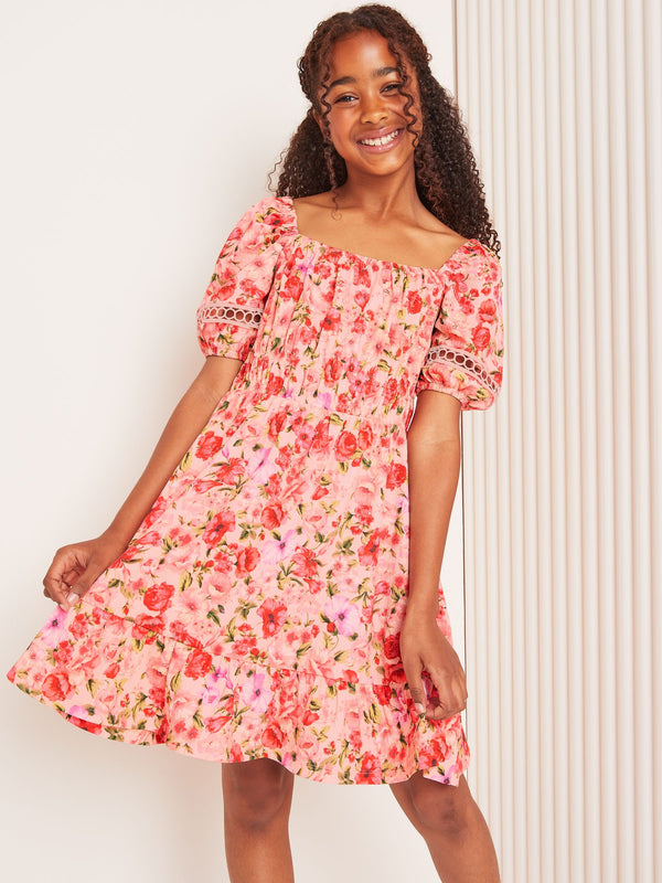 Pink Square Neck Jersey Crinkle Dress (5-16yrs)