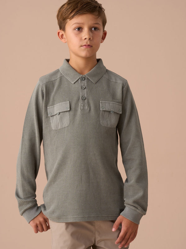 Angel & Rocket Green Finn Textured Long Sleeve Polo Shirt