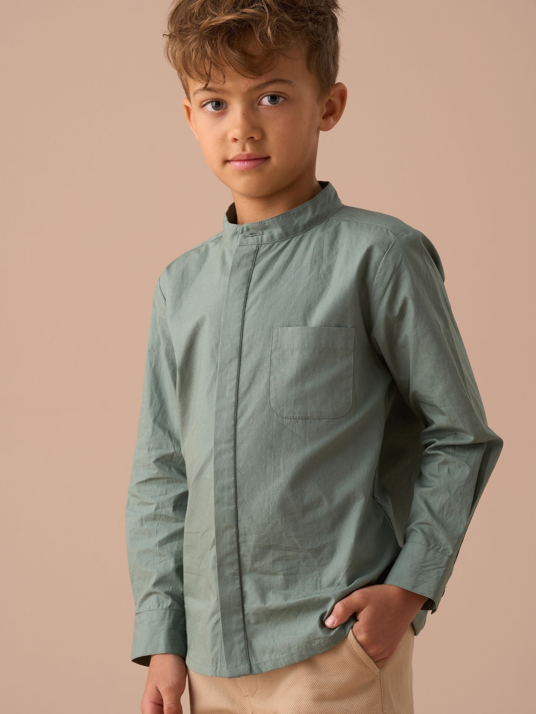 Angel & Rocket Green Omar Mandrin Collar Smart 100% Cotton Shirt