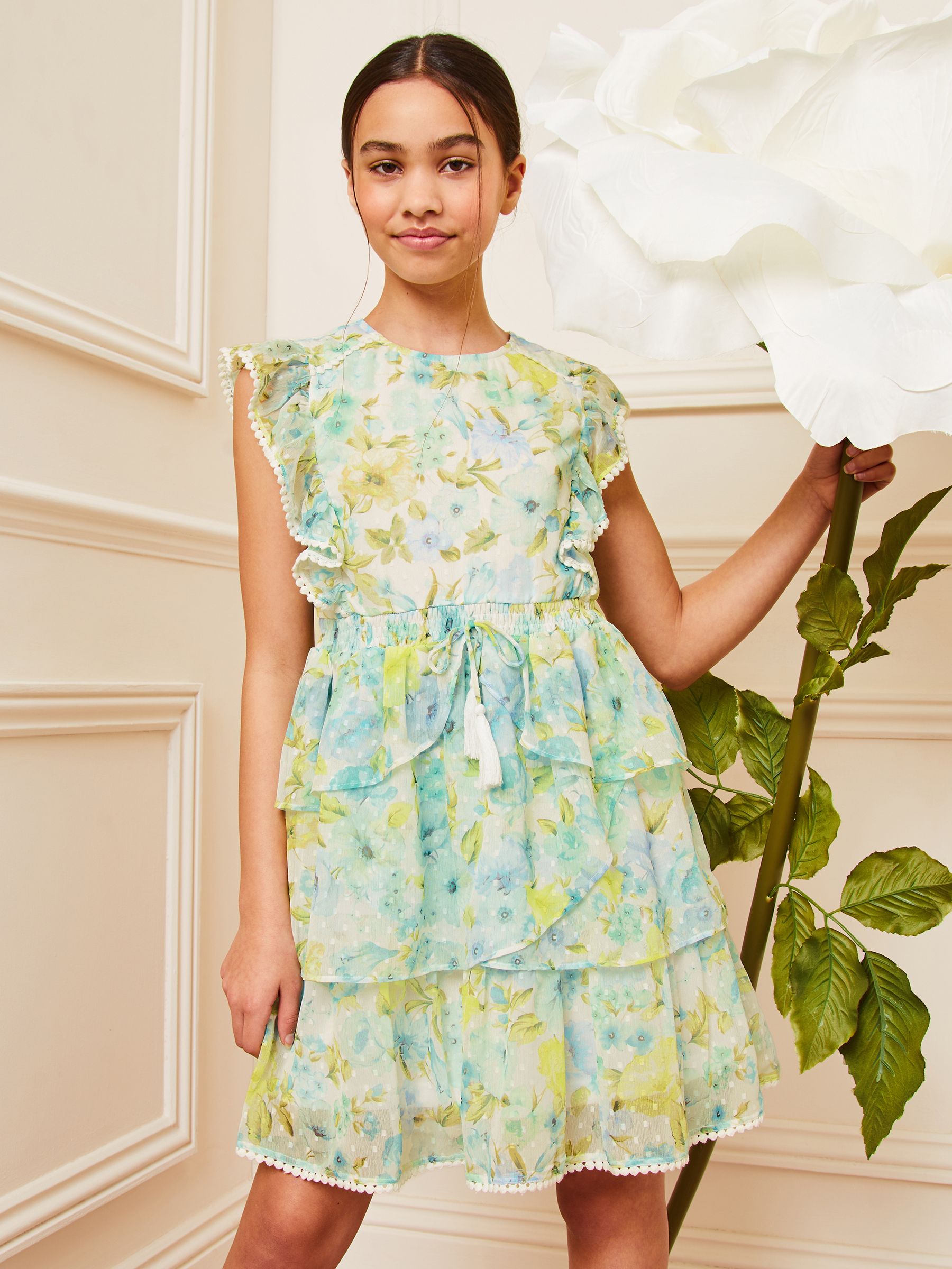 Lipsy Green/White Floral Chiffon Ruffle Mini Dress (5-16yrs)