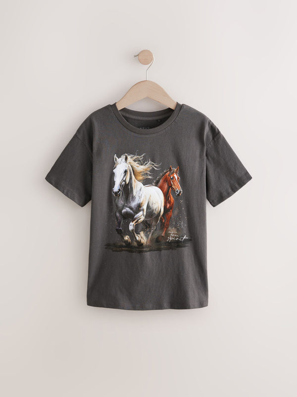 Charcoal Grey Horses Oversized Graphic 100% Cotton T-Shirt (3-16yrs)