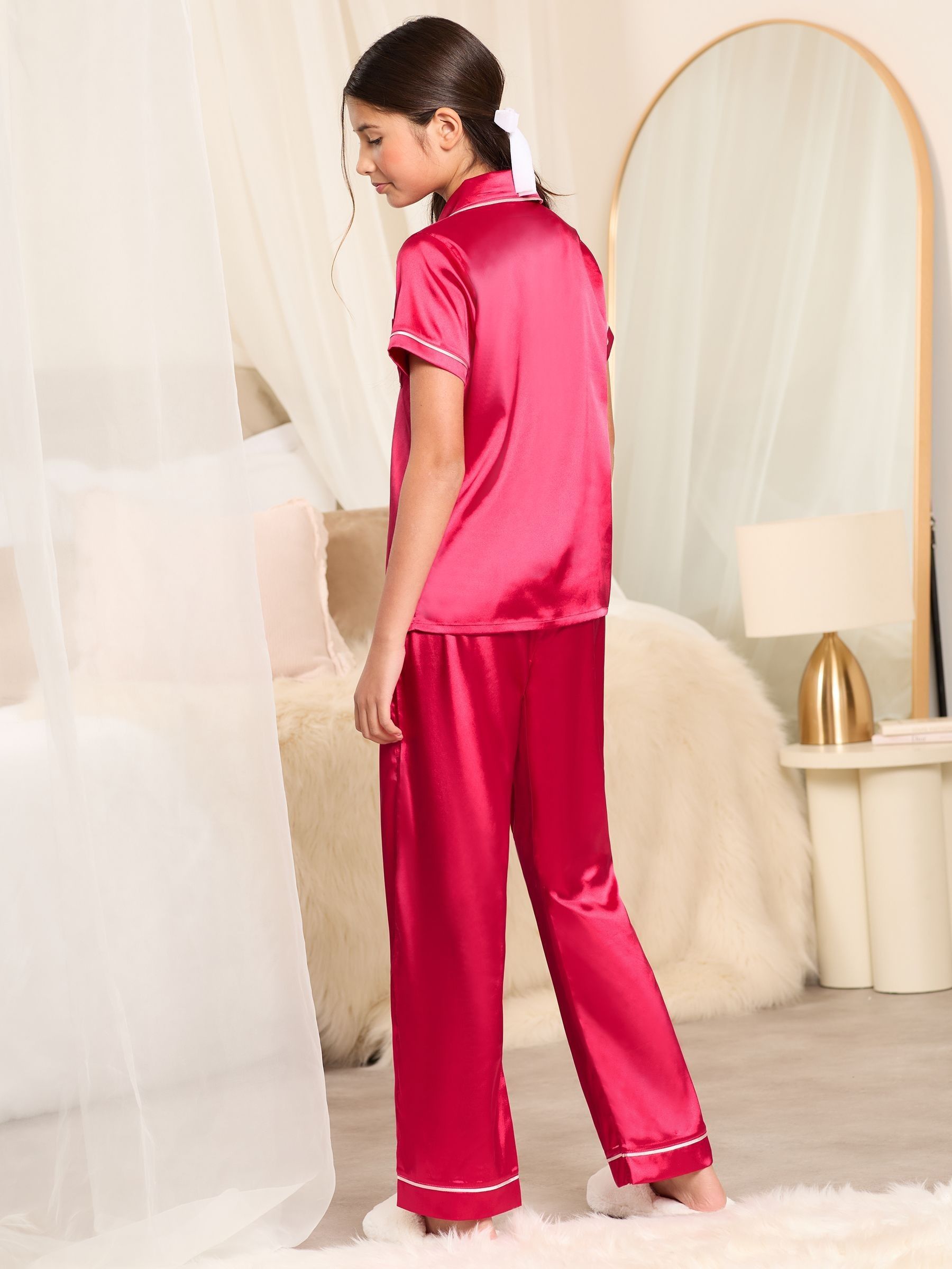 Bright Pink Satin Shirt And Long Leg Pyjamas Set (5-16yrs)