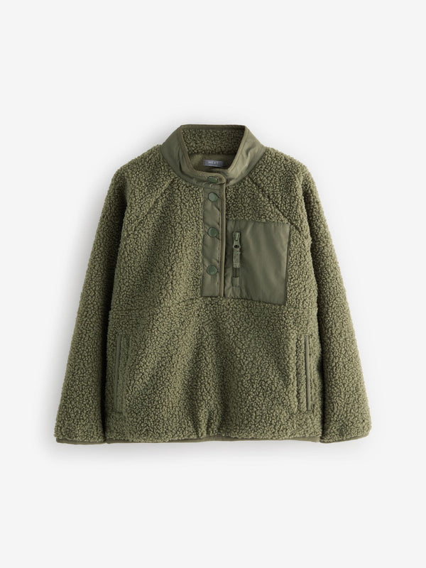 Olive Green Placket Borg Fleece Top (3-16yrs)