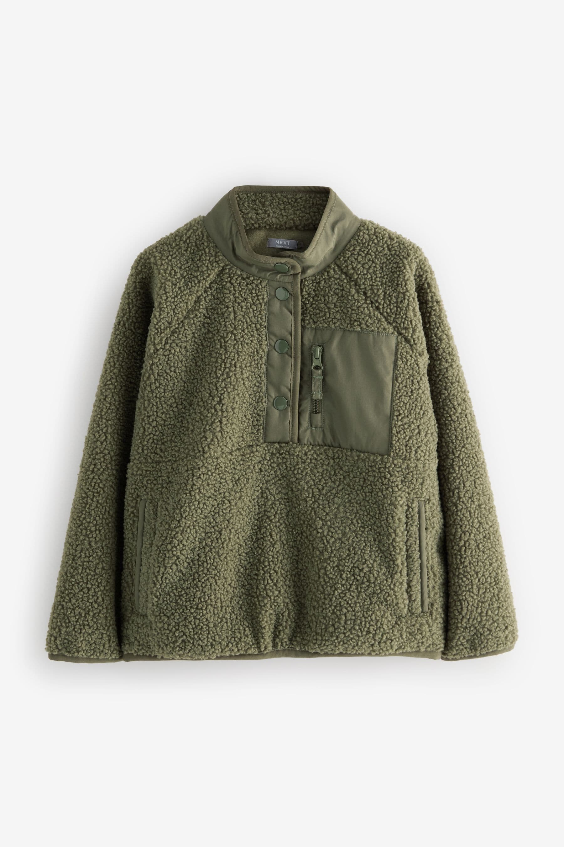 Olive Green Placket Borg Fleece Top (3-16yrs)