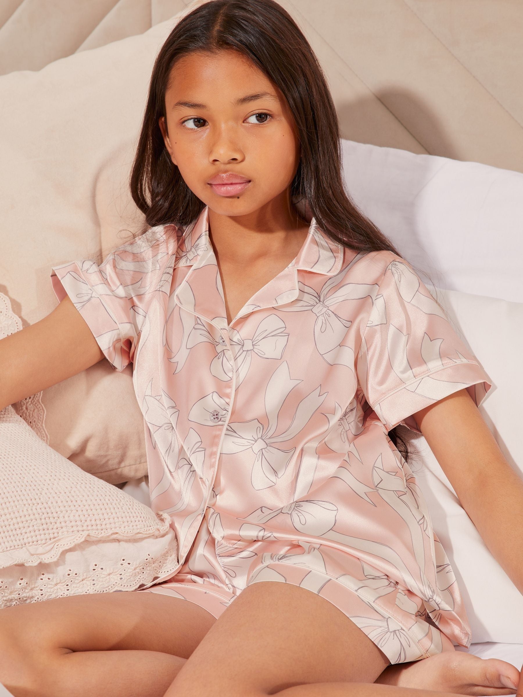 Pink Bow Satin Pyjamas (3-16yrs)