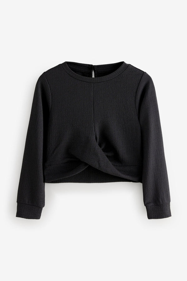 Black Wrap Front Textured Long Sleeve Top (3-16yrs)