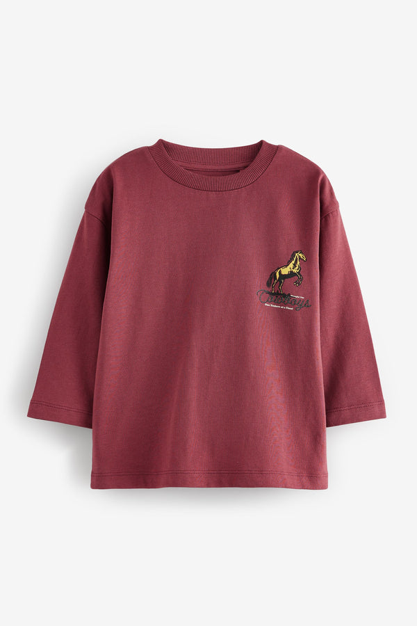 Burgundy Red Back Print Long Sleeve 100% Cotton T-Shirt (3mths-7yrs)