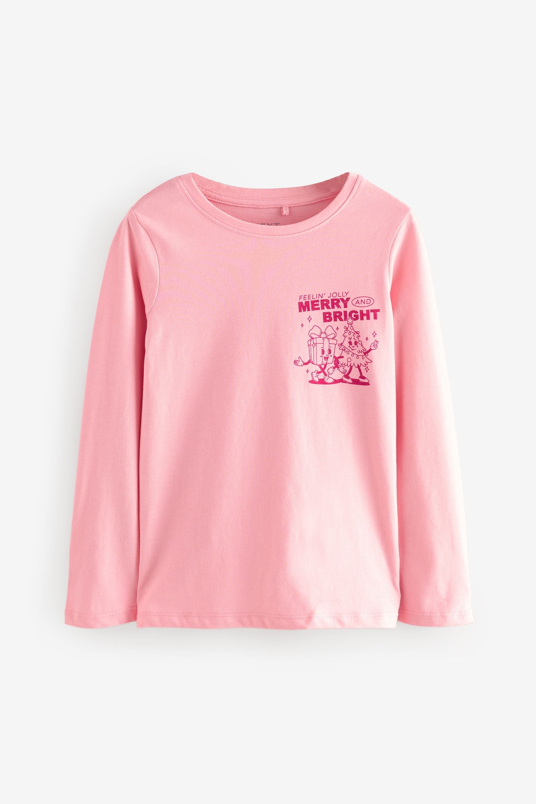 Pink Christmas Long Sleeves Graphic 100% Cotton T-Shirt (3-16yrs)